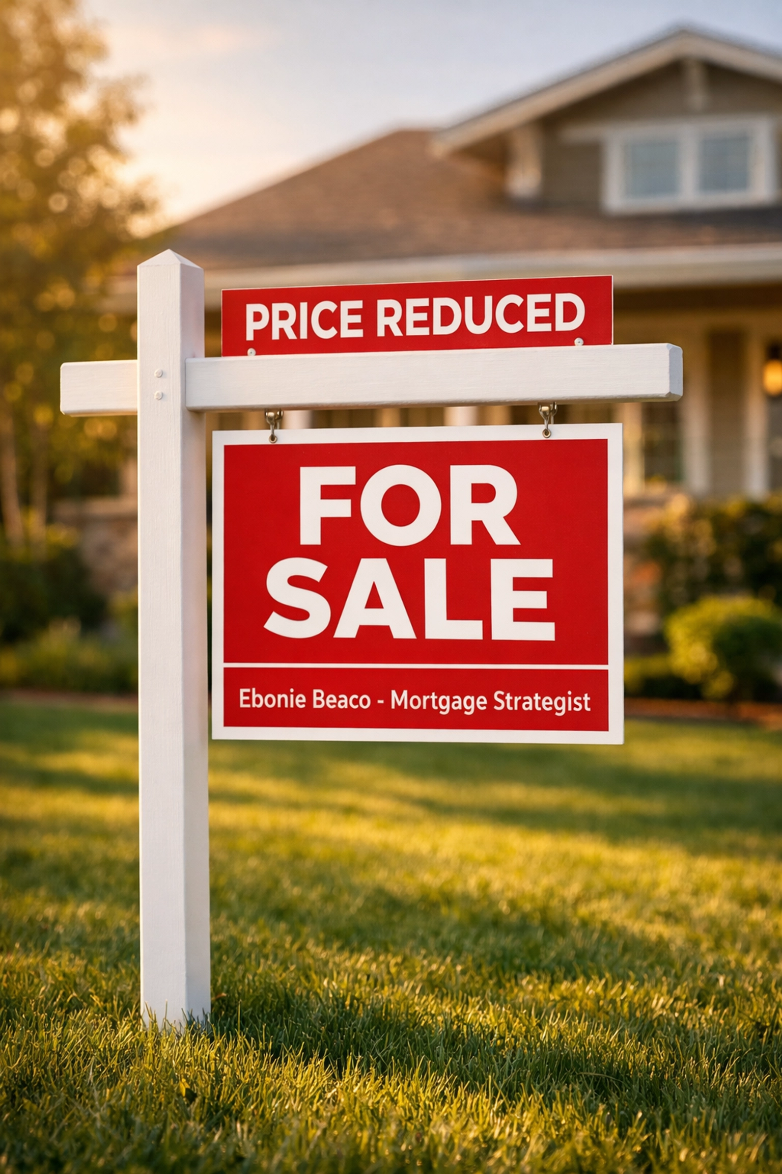 Real estate for sale sign with a Price Reduced rider, highlighting buyer negotiation power in 2026.