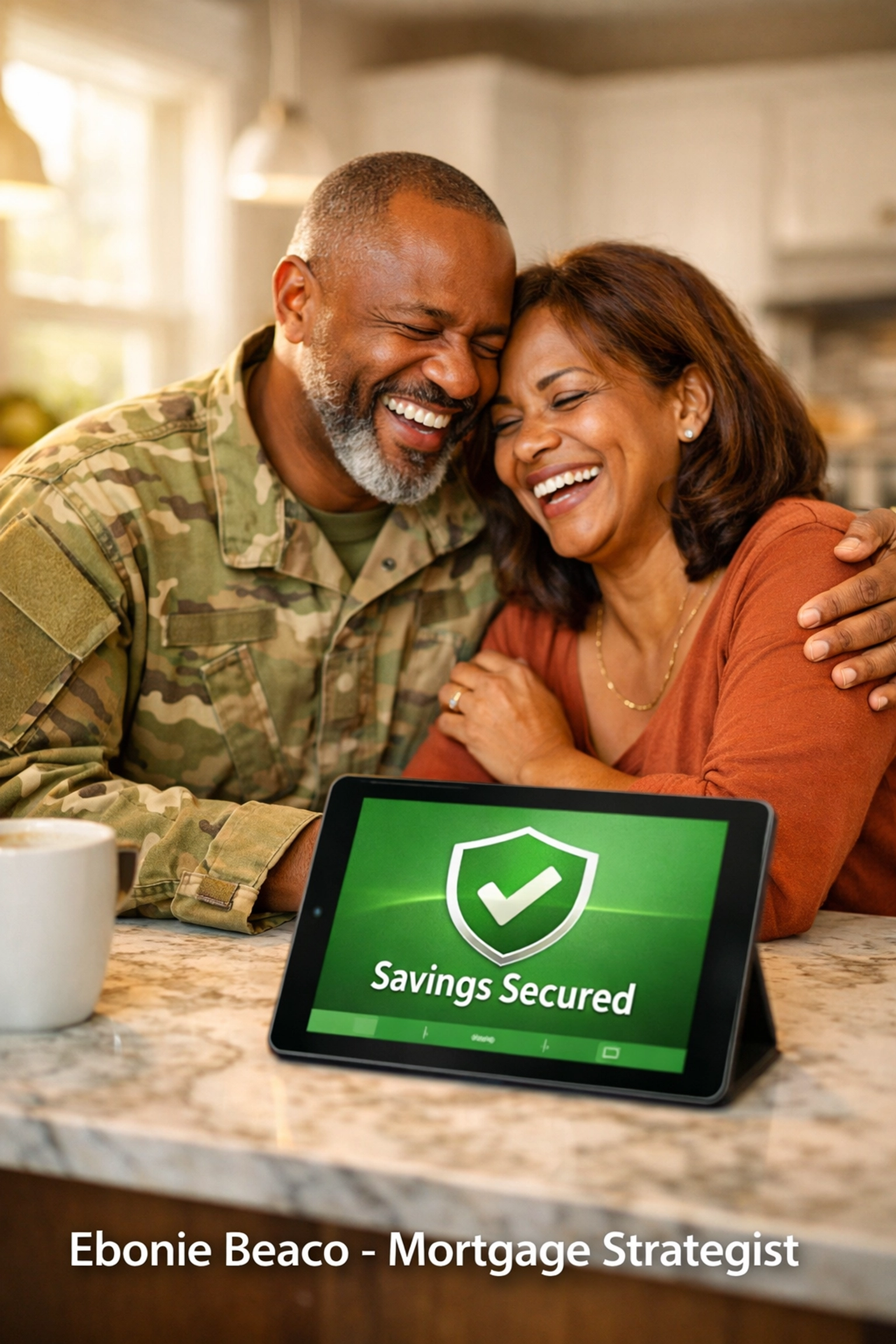 Military veteran couple in their kitchen celebrating financial savings from a VA mortgage refinance.