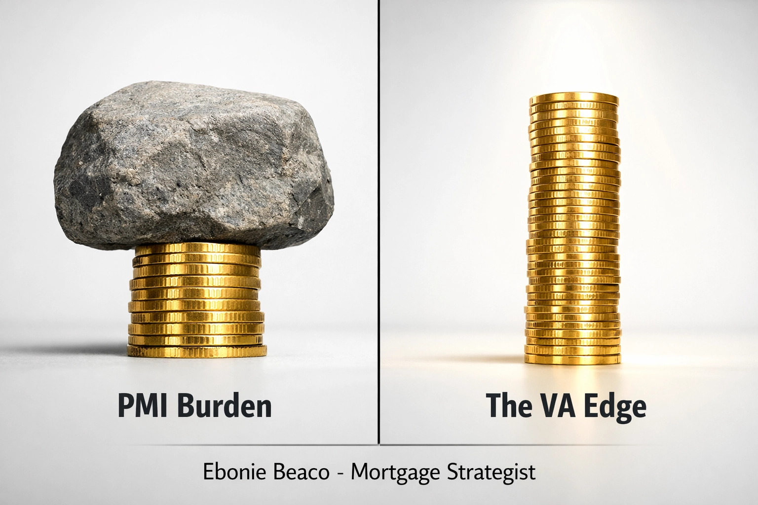Visual comparison of conventional loan costs with PMI versus the savings of a VA mortgage without insurance fees.