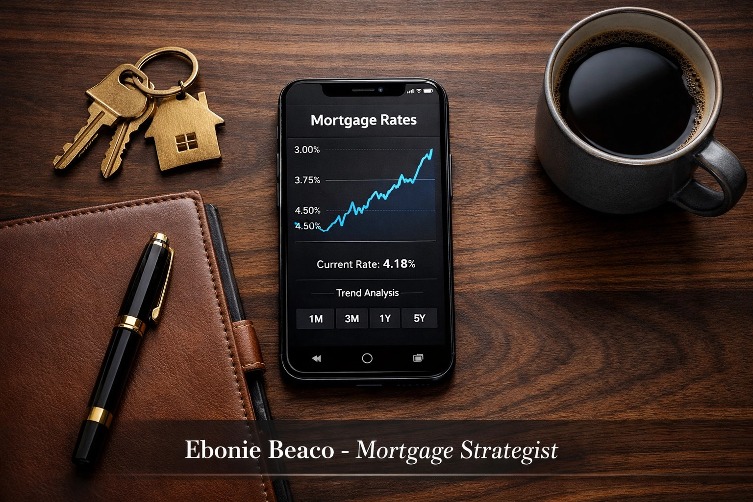 Professional mortgage strategist workspace with home keys and a mortgage rate chart on a smartphone.