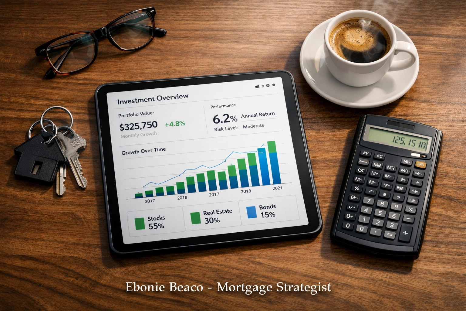 Modern workspace with house keys and financial data, illustrating real estate financing strategies for property investors.