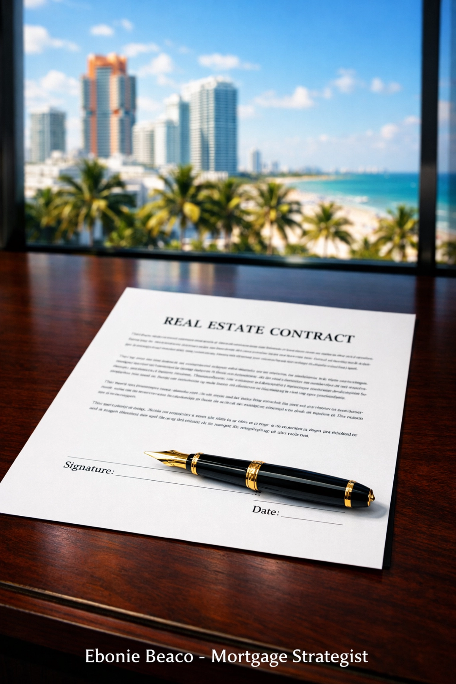 Real estate wholesale contract and pen on a desk with a Miami skyline view.