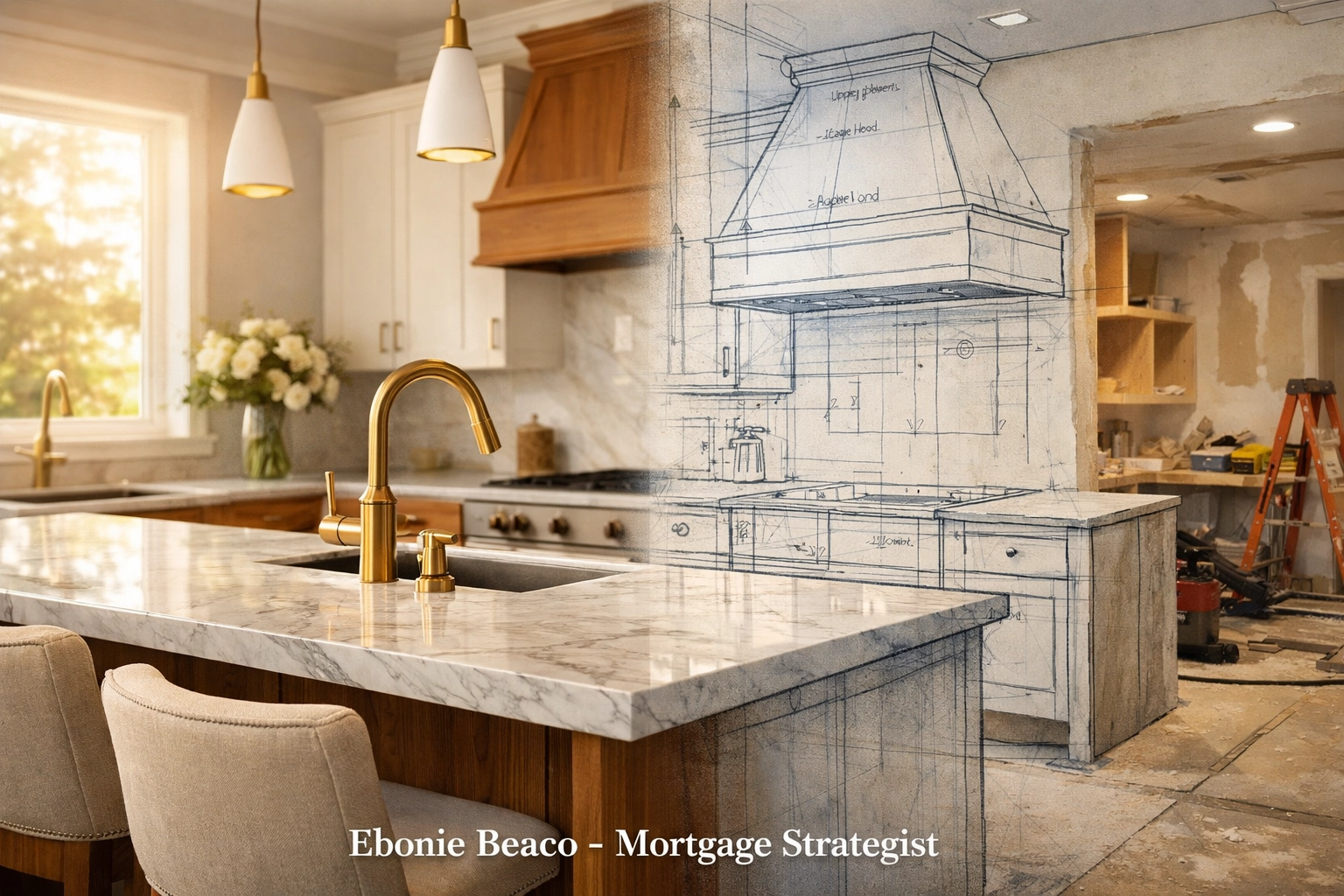 Modern kitchen renovation with marble island and blueprints showing how to use home equity for upgrades.