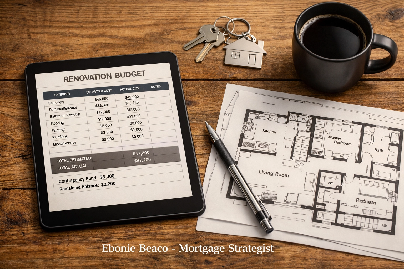 Renovation budget spreadsheet and house plans on a desk representing a strategic home equity plan.