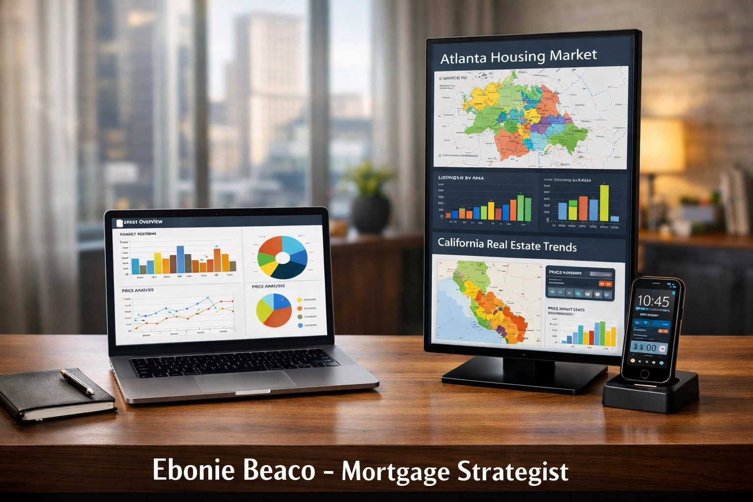 Home office setup with real estate data charts and maps for scaling real estate wholesale in CA and Atlanta.