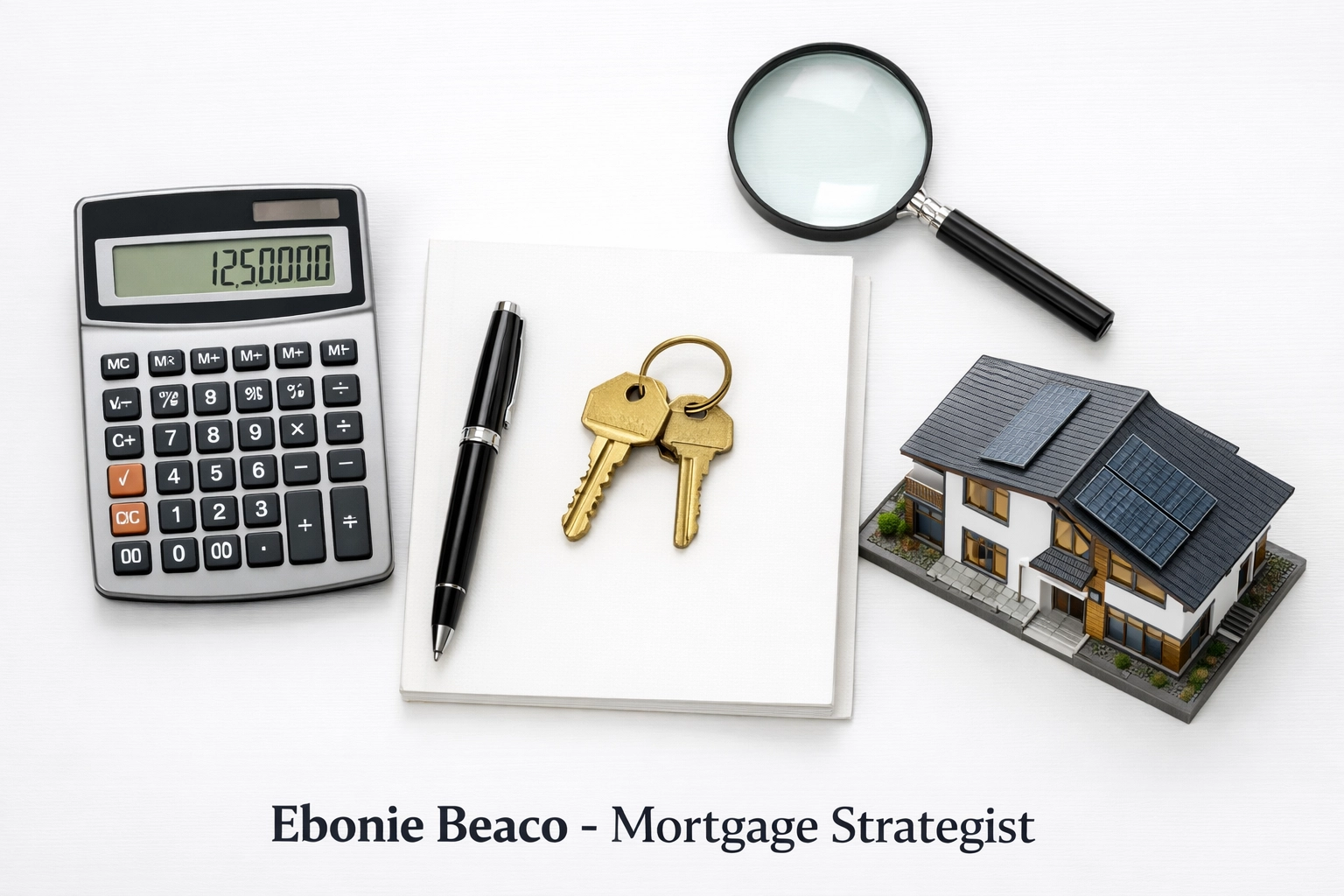 Investor workspace with calculator and house keys for calculating the MAO on an Atlanta investment property.