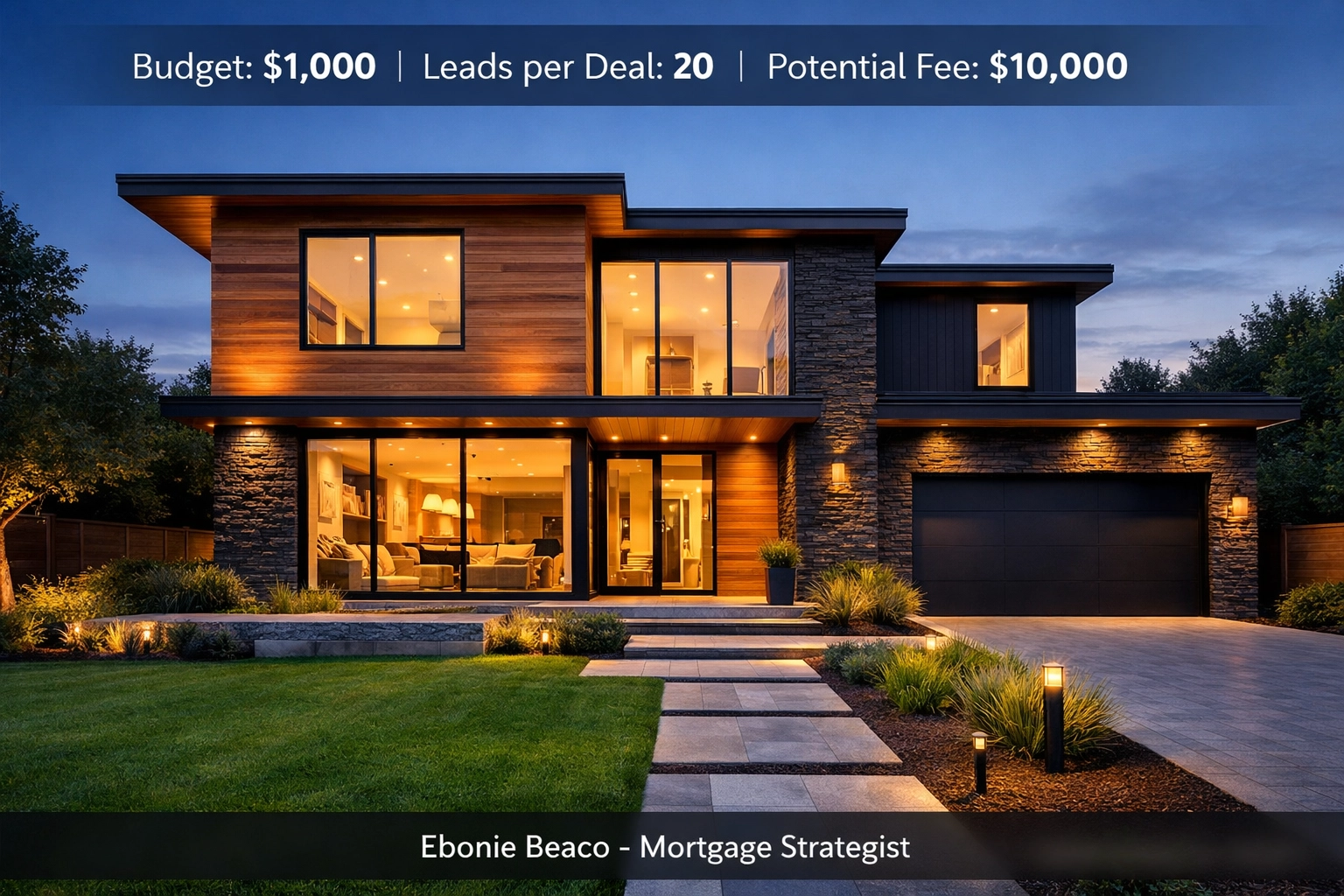 Modern house with a wholesale real estate marketing budget and assignment fee breakdown graphic.