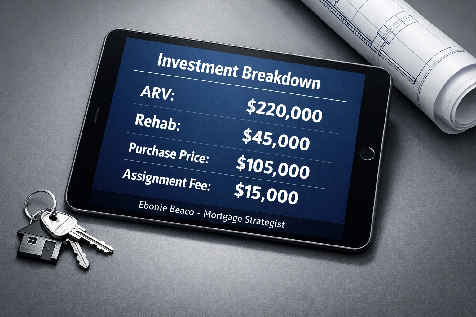 Wholesale real estate investment analysis showing ARV, rehab costs, and assignment fee on a digital tablet.
