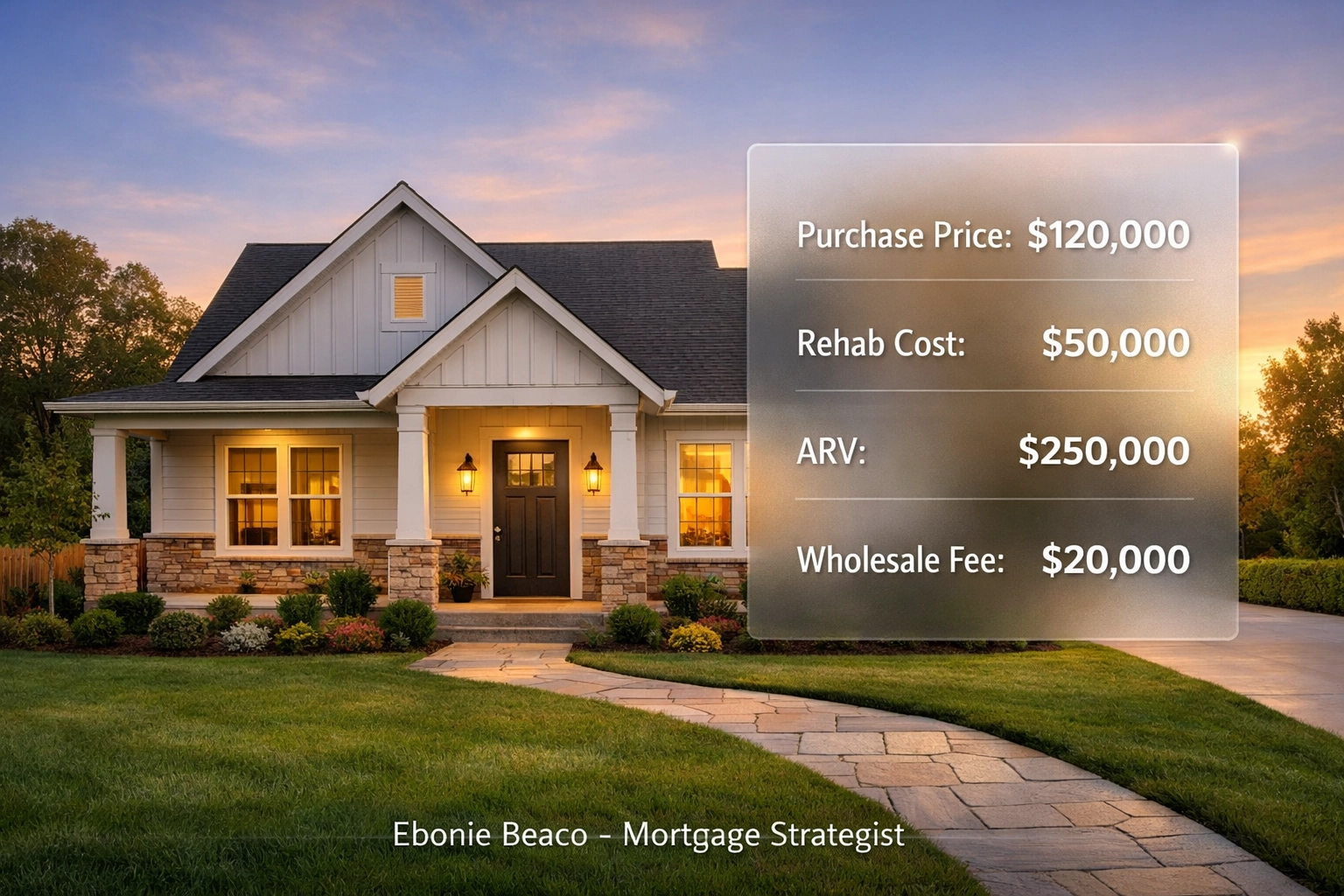 Wholesale real estate deal breakdown showing purchase price, rehab costs, and ARV for a suburban house.