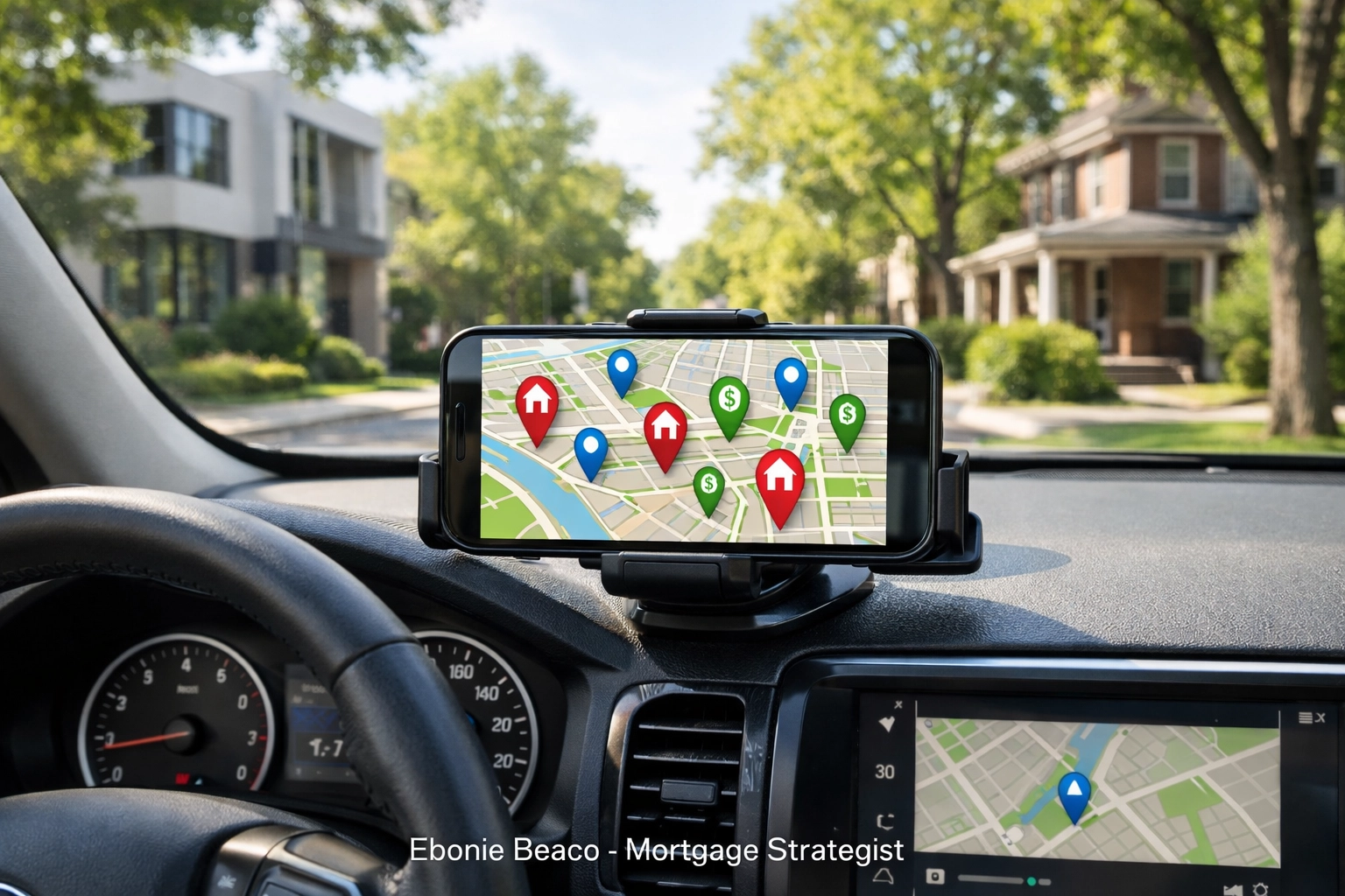 Smartphone with real estate mapping app pins to find off-market deals while driving for dollars.