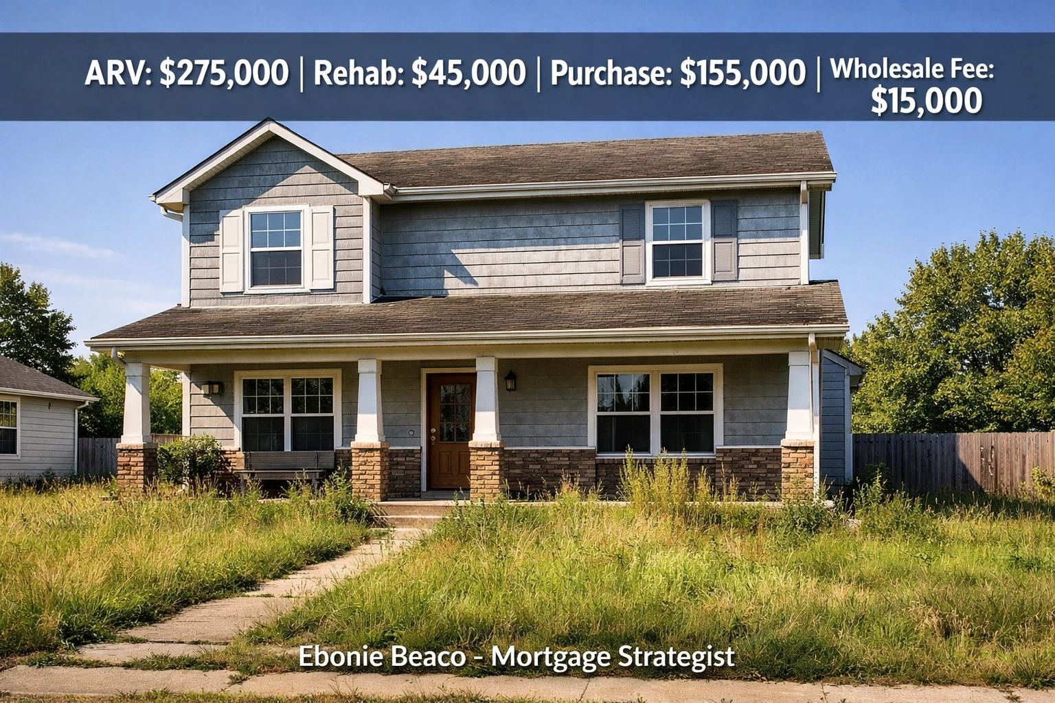 Wholesale real estate deal analysis showing purchase price, rehab costs, and assignment fee for an off-market house.