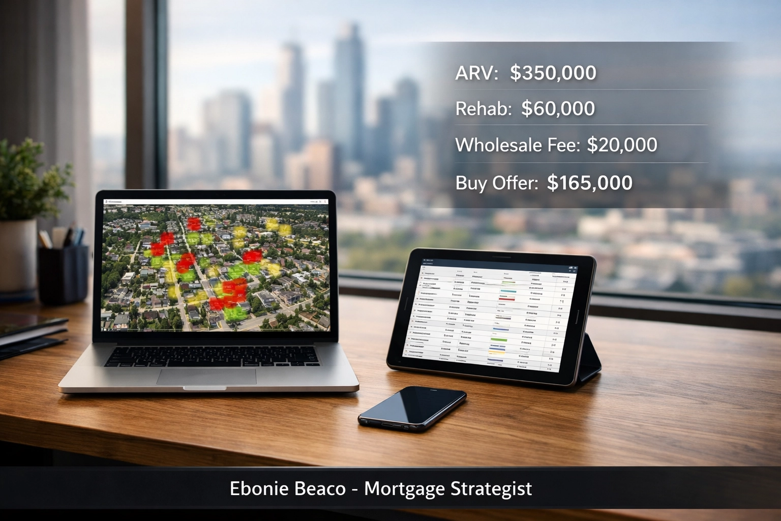 Real estate investor analyzing off-market property leads and wholesale deal numbers in a modern office.