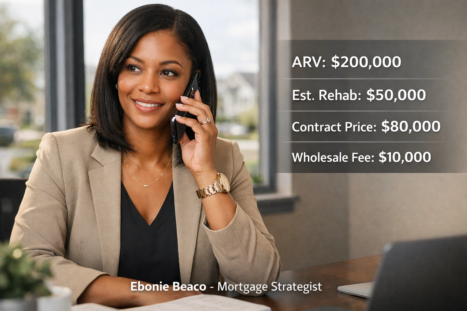 Real estate investor negotiating a wholesale deal on the phone with property analysis figures visible.