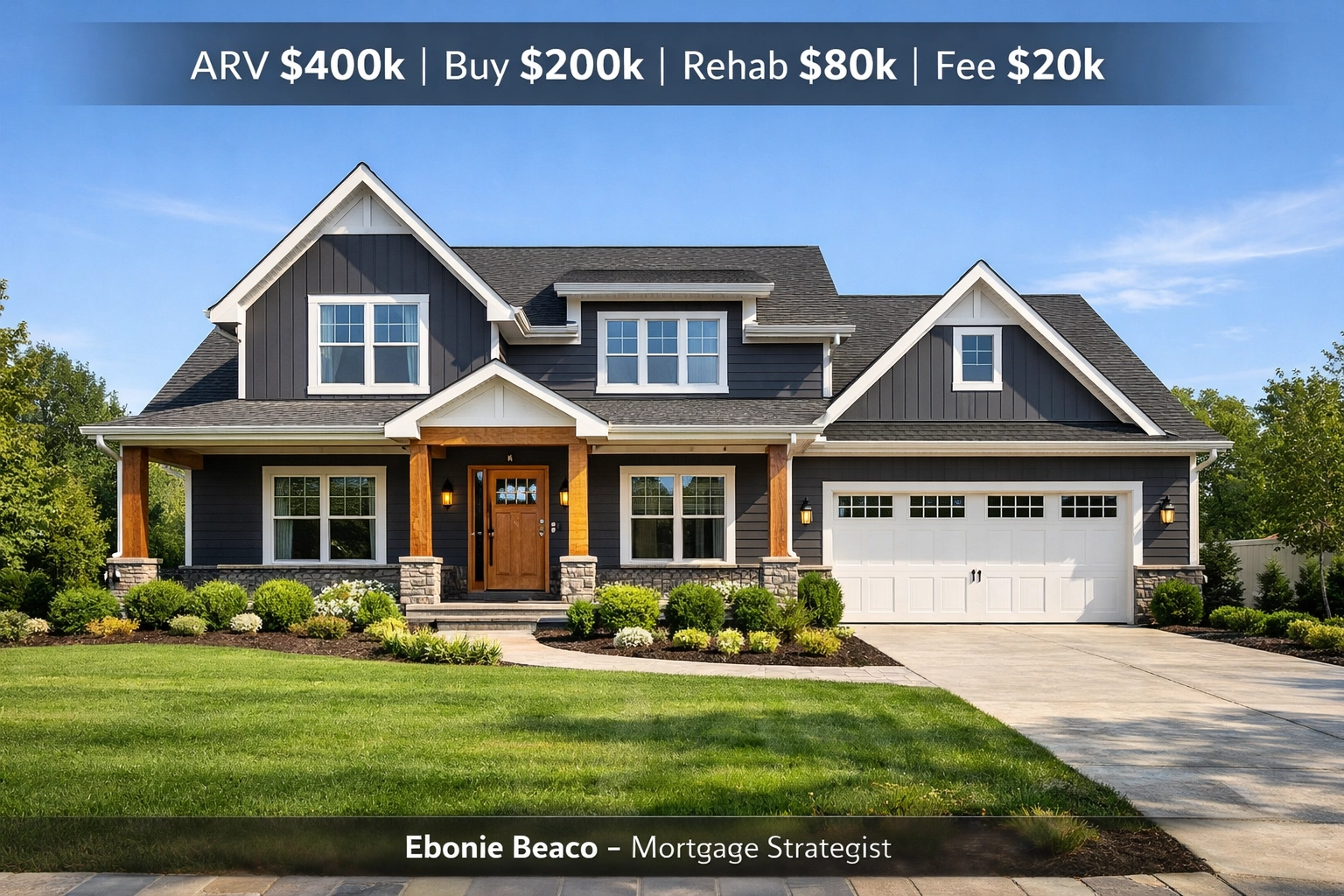 Wholesale real estate deal analysis showing $400k ARV and $80k rehab for a renovated suburban house.