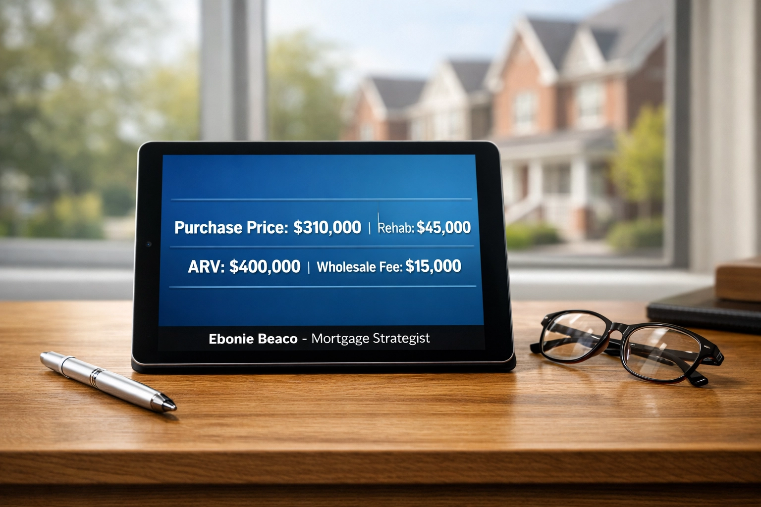 Real estate wholesaling deal analysis showing purchase price, rehab, and ARV on a digital tablet in a modern office.