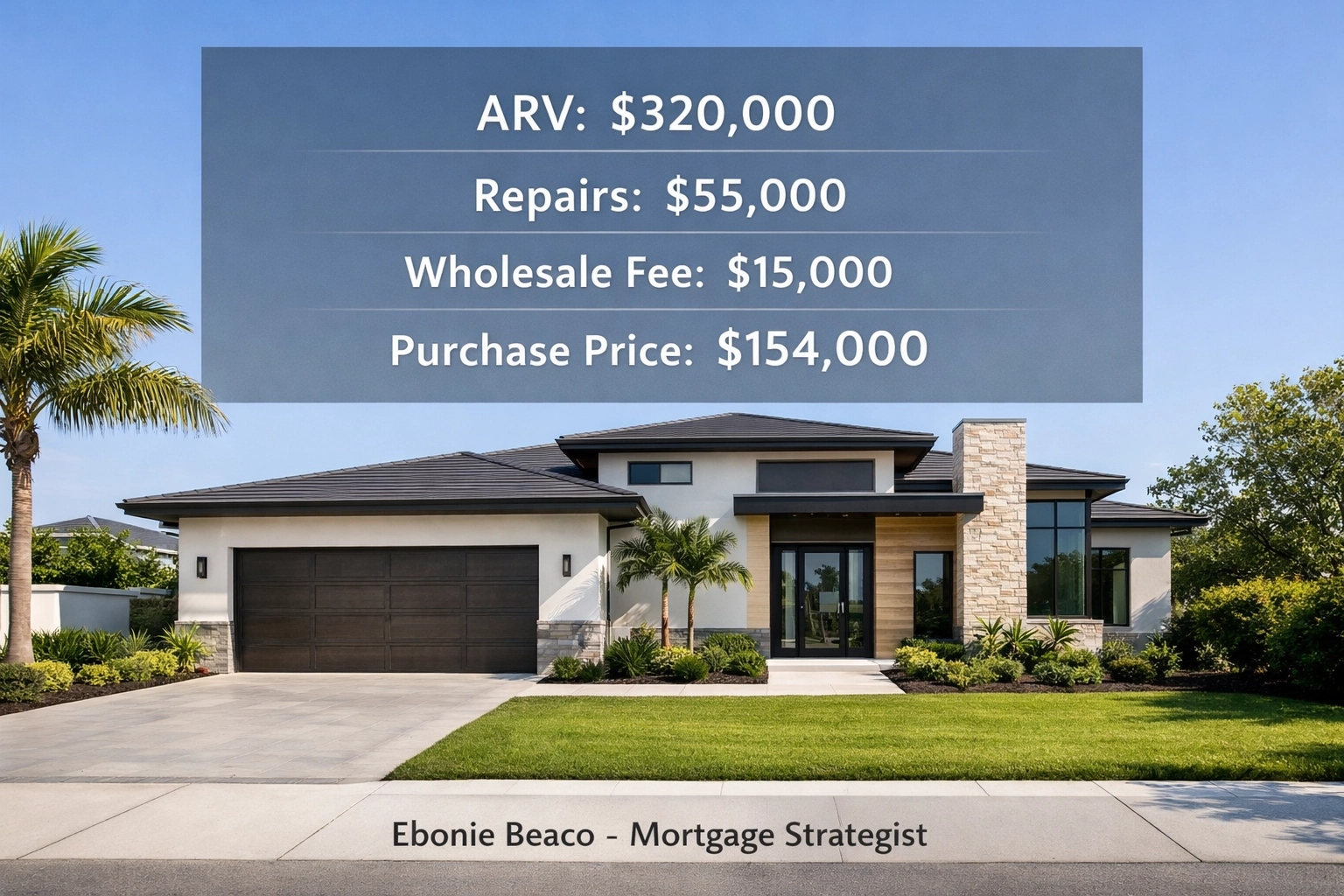 Wholesale real estate deal breakdown for a modern home showing ARV, repairs, and negotiated purchase price.
