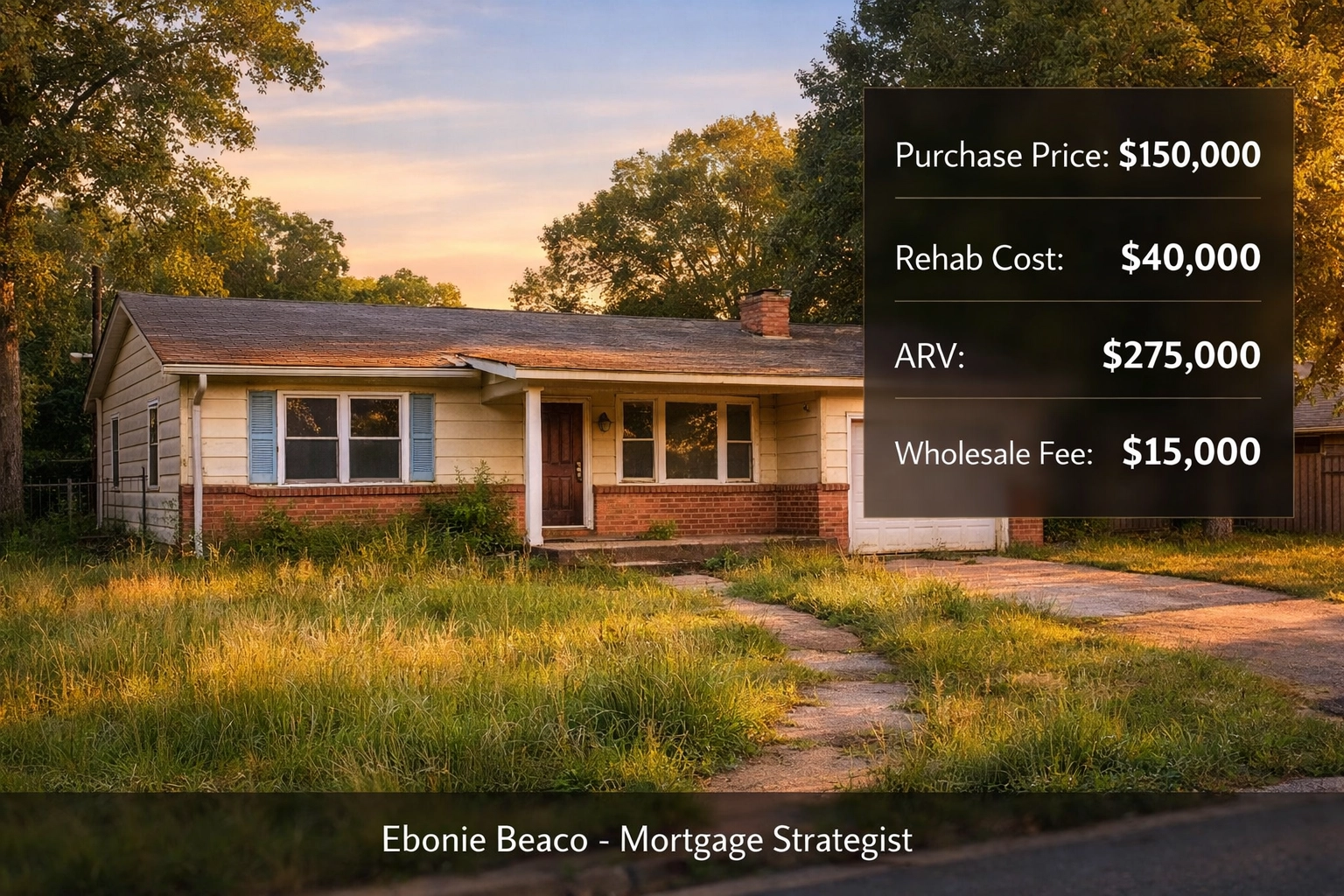Off-market wholesale real estate deal breakdown for a distressed ranch-style home showing ARV.