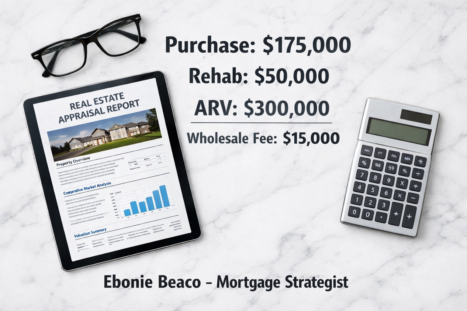 Real estate investor workspace showing a wholesale deal analysis with purchase price, rehab costs, and ARV.