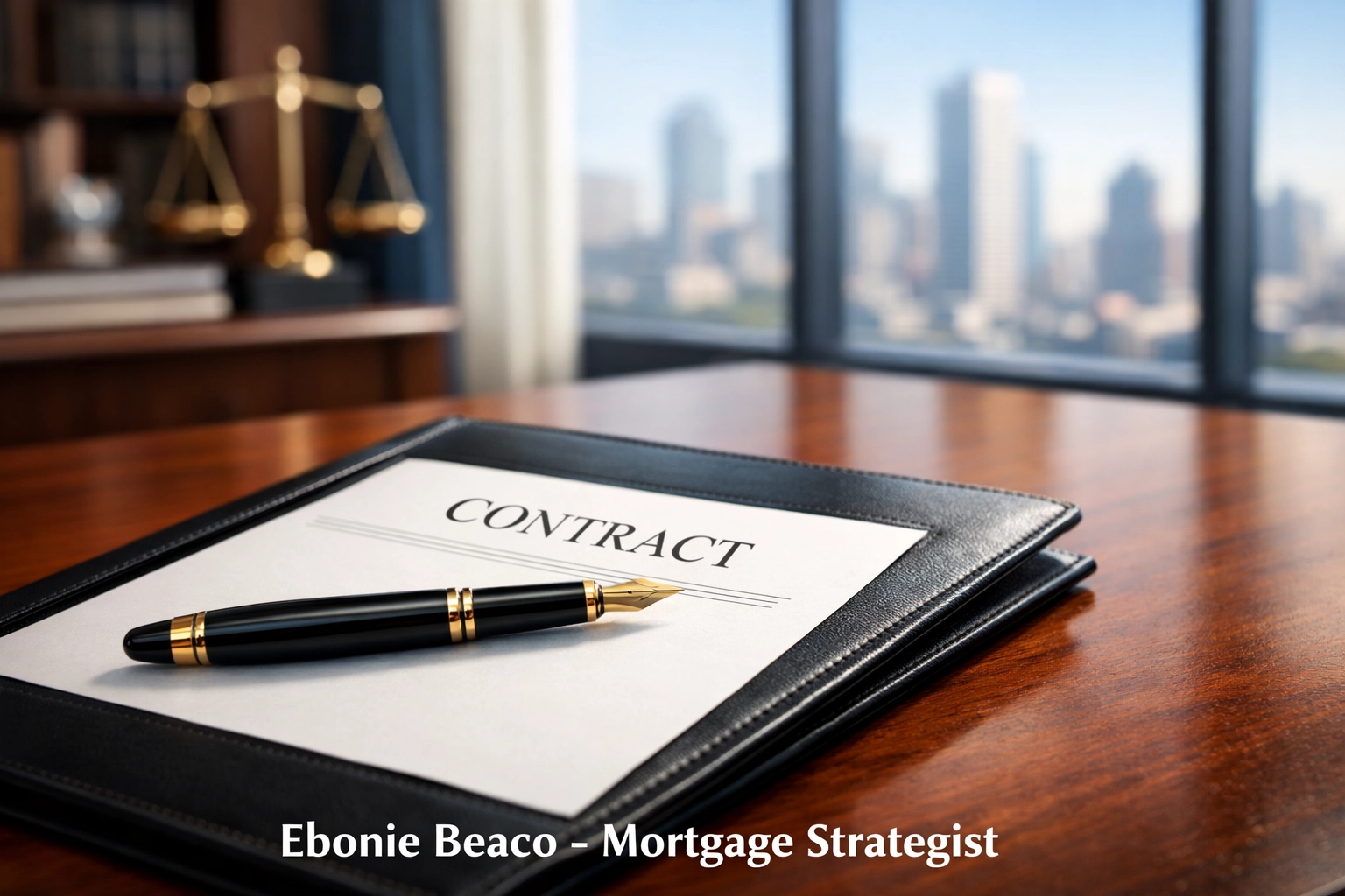 Professional desk with a leather contract folder and pen for wholesale real estate investing agreements.