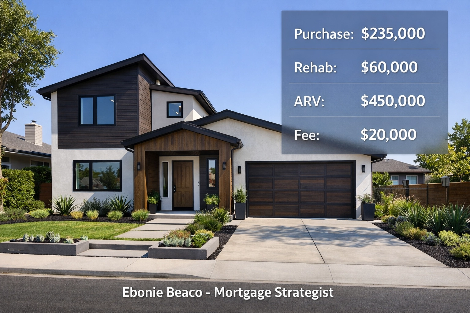 Wholesale real estate deal analysis for a modern suburban home showing ARV, rehab costs, and assignment fee.
