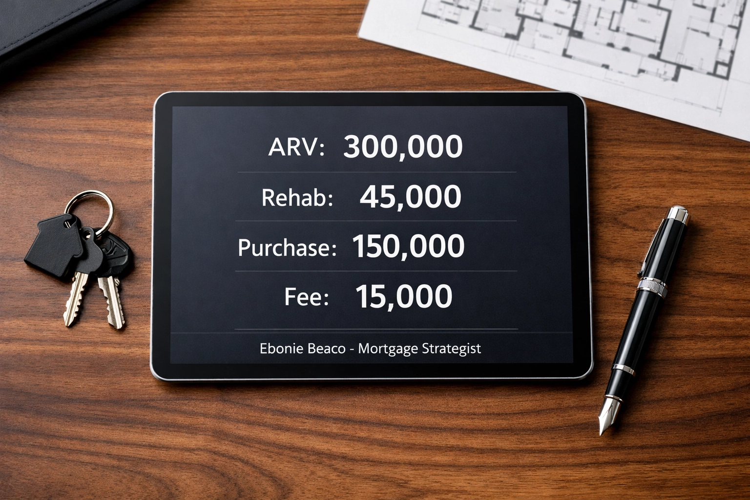 Wholesale real estate deal analysis on a tablet showing ARV and rehab costs for a professional investor.