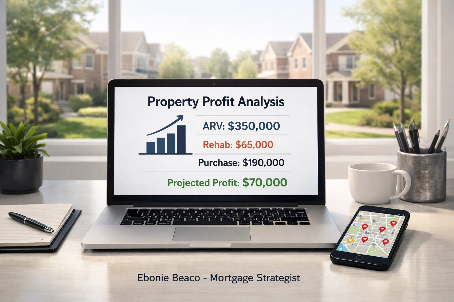 Real estate investment analysis on a laptop showing profit margins for wholesaling houses in a suburban setting.
