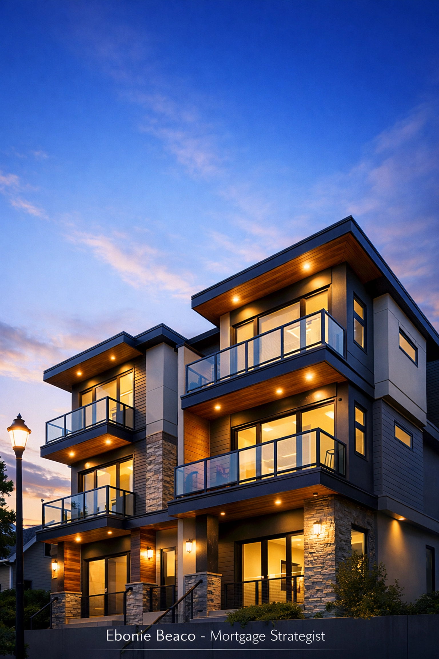 Modern multi-unit building at twilight, highlighting real estate investment scaling and financing.