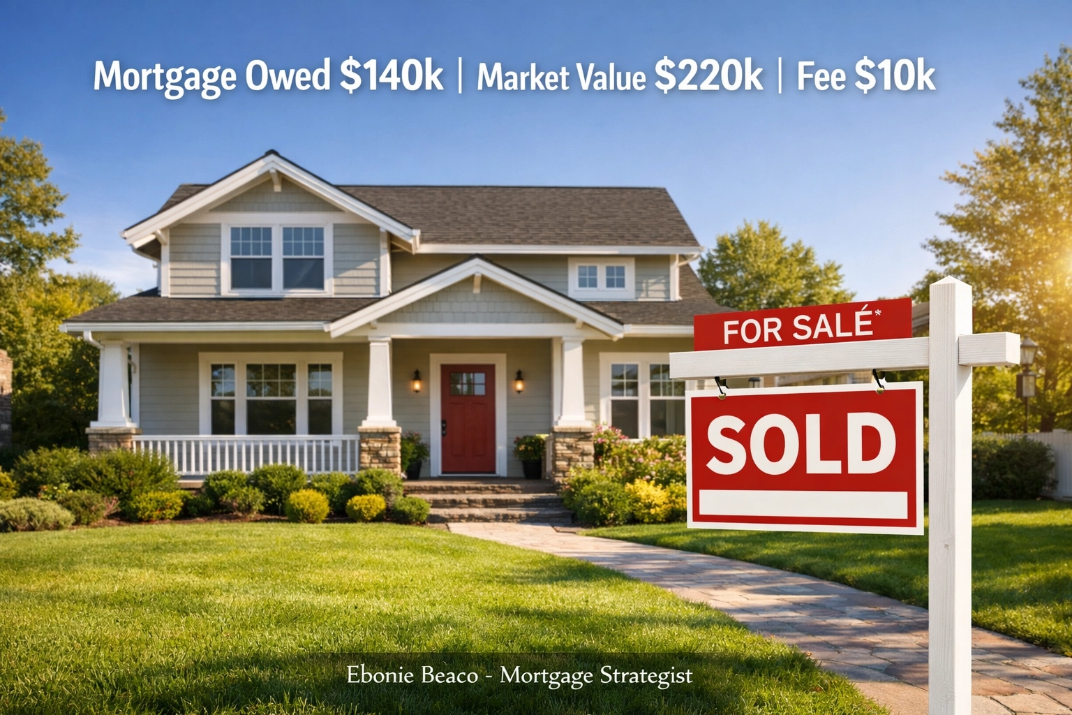 Suburban home with a sold sign, showing a wholesale real estate pre-foreclosure deal calculation.