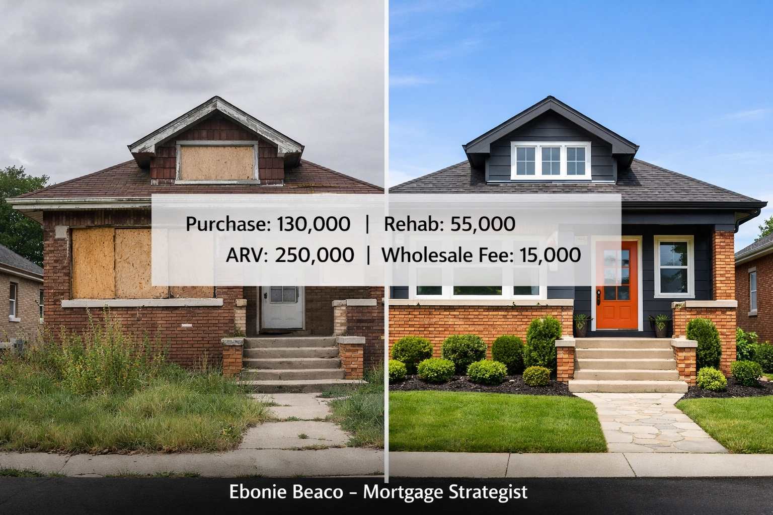 Wholesale real estate deal analysis showing a distressed bungalow before and after renovation with ARV.