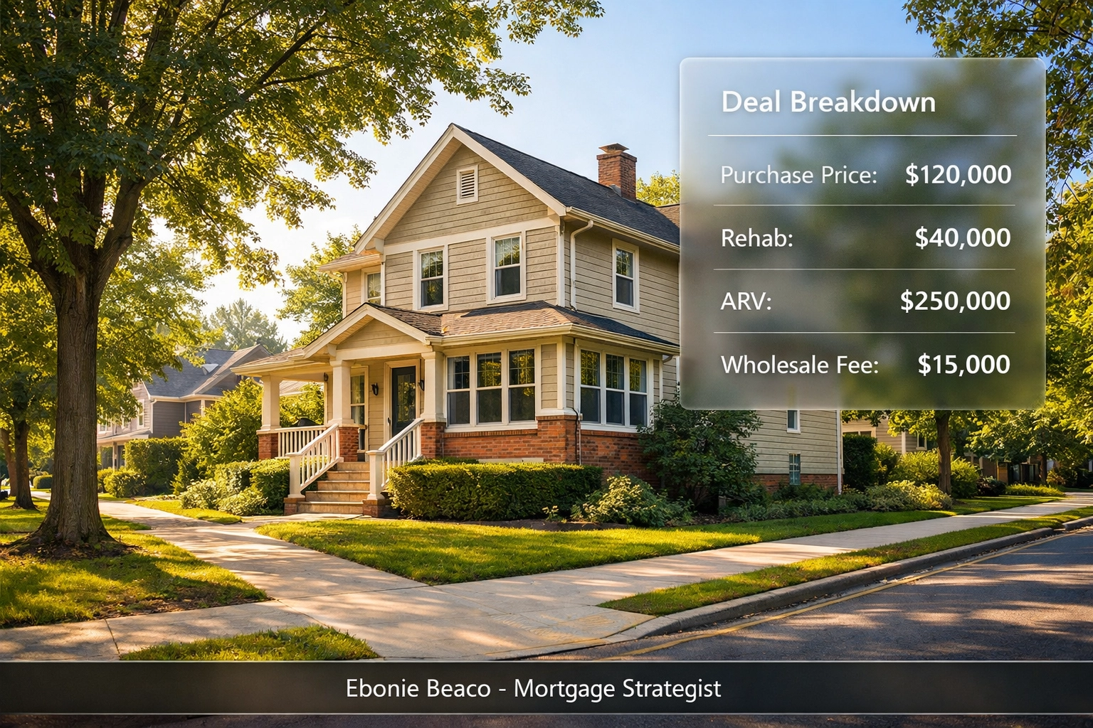 Wholesale real estate deal breakdown showing purchase price, rehab, and ARV on a suburban investment property.
