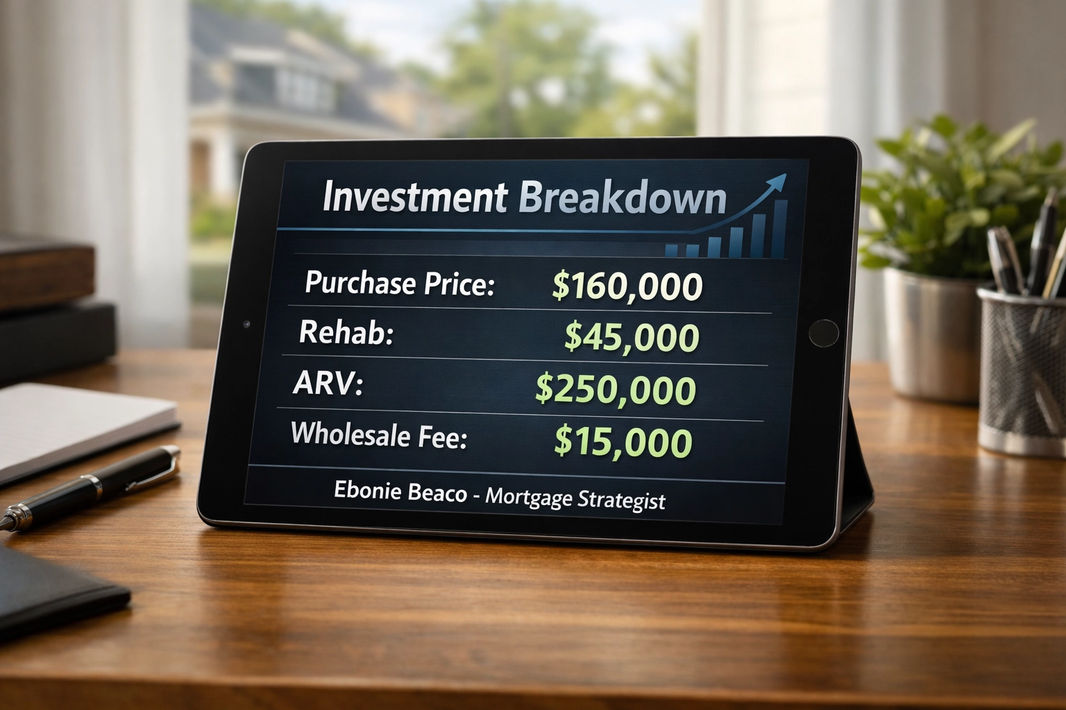 Digital tablet showing a real estate wholesale deal breakdown with ARV, rehab costs, and assignment fee.