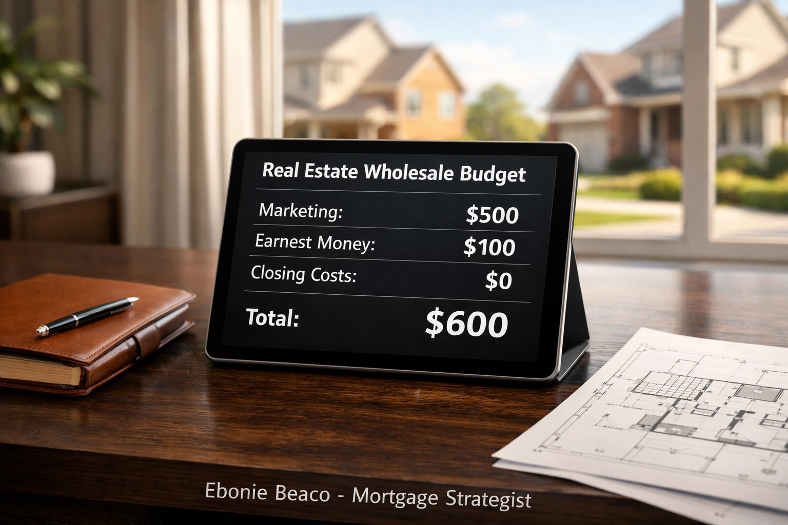 Real estate wholesale budget breakdown on a tablet in a home office featuring $600 startup costs.