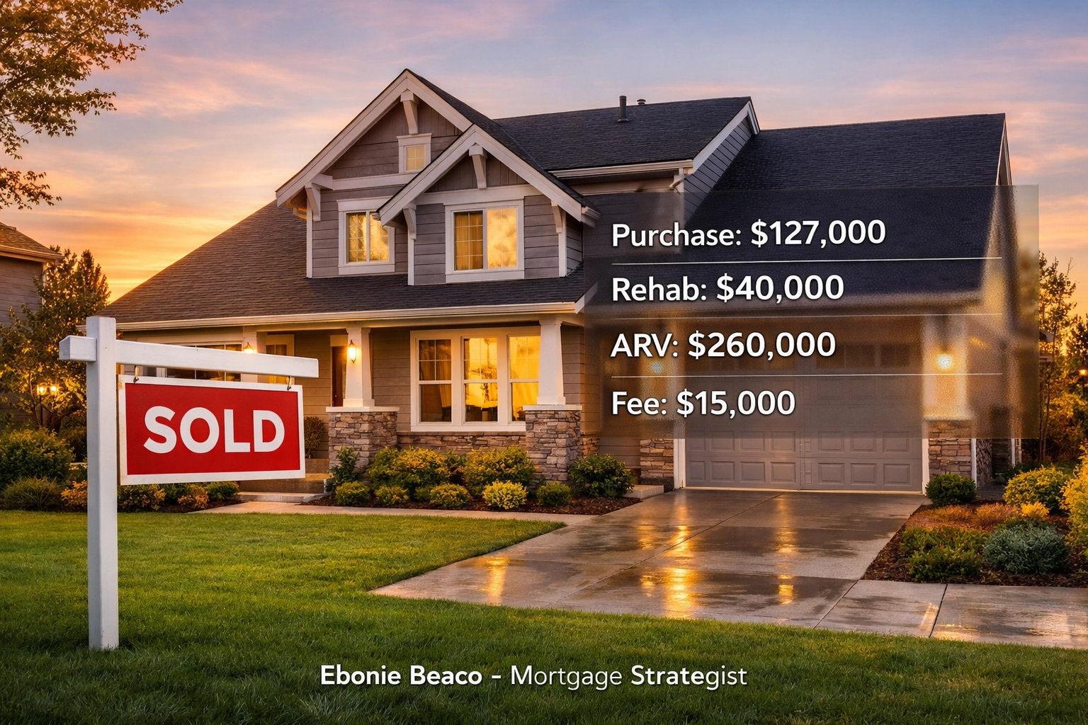 Real estate wholesaling deal breakdown showing purchase price, rehab costs, and assignment fee on a sold home.