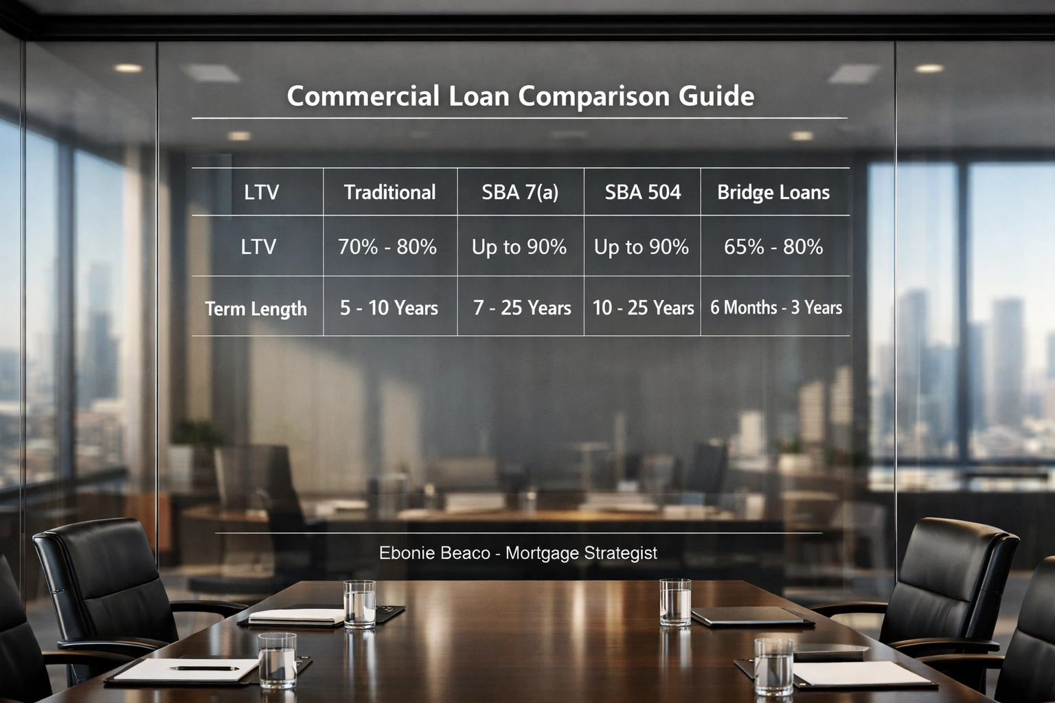 Commercial loan comparison table showing traditional, SBA, and bridge loan terms for business properties.