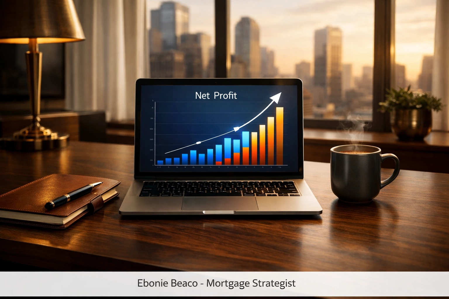 Modern desk with a laptop displaying business net profit growth for P&L mortgage qualification.
