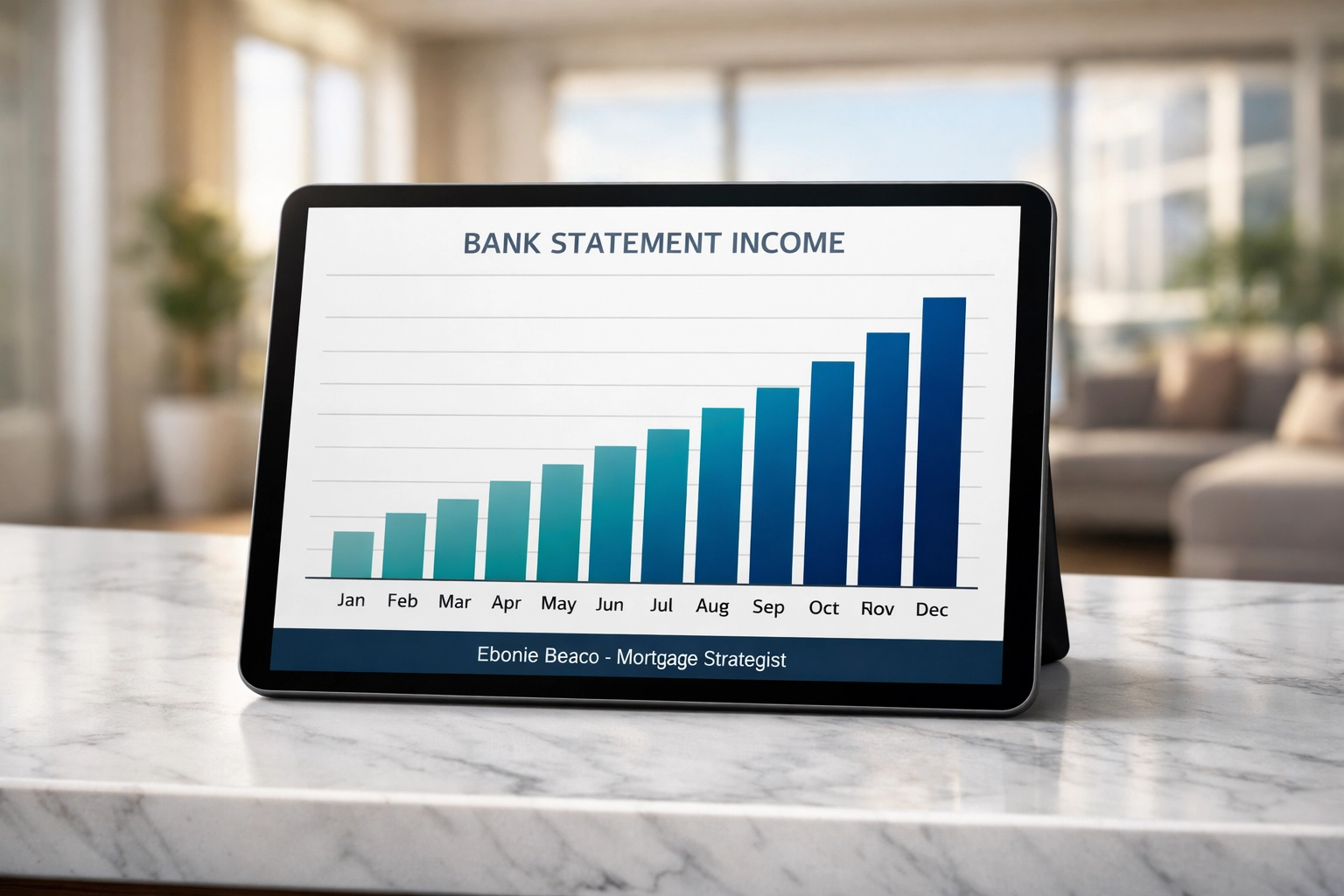 Digital tablet showing bank statement income calculation for self-employed mortgage borrowers.