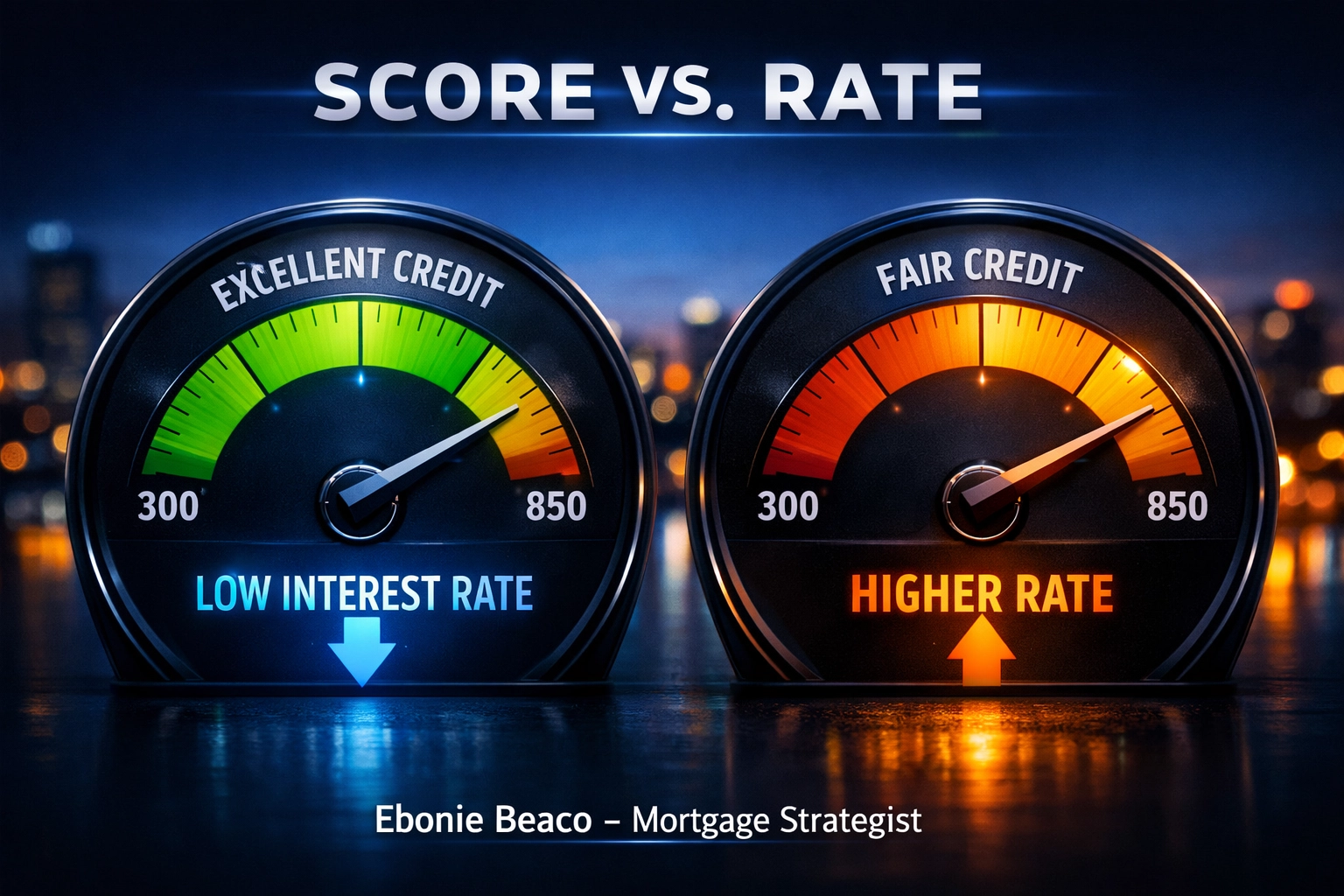 Comparison chart showing how a higher credit score results in lower mortgage interest rates.