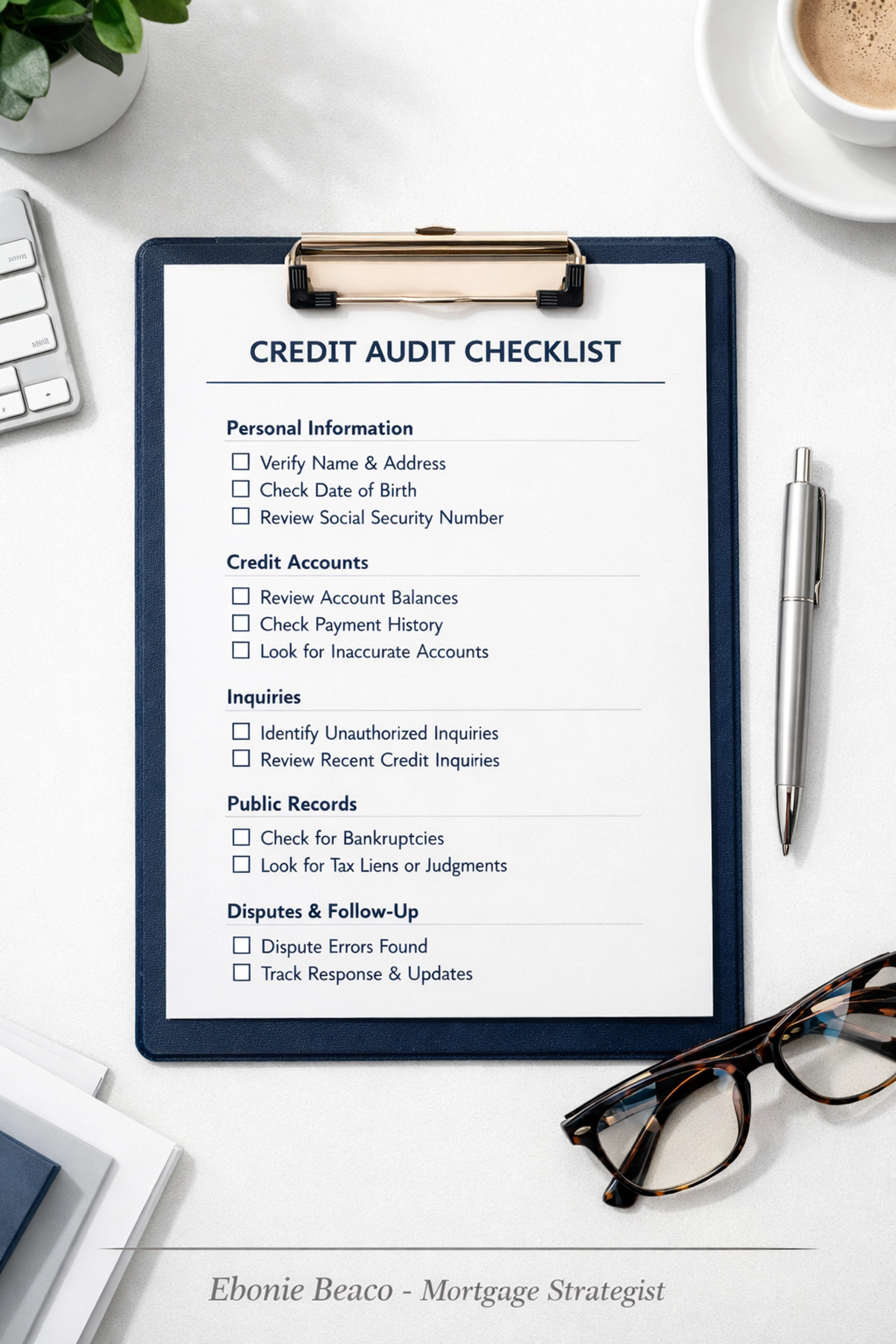 Professional credit audit checklist on a desk for reviewing mortgage credit report accuracy.