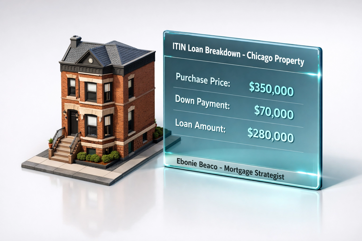Financial breakdown of a Chicago property purchase using an ITIN mortgage with a 20% down payment.