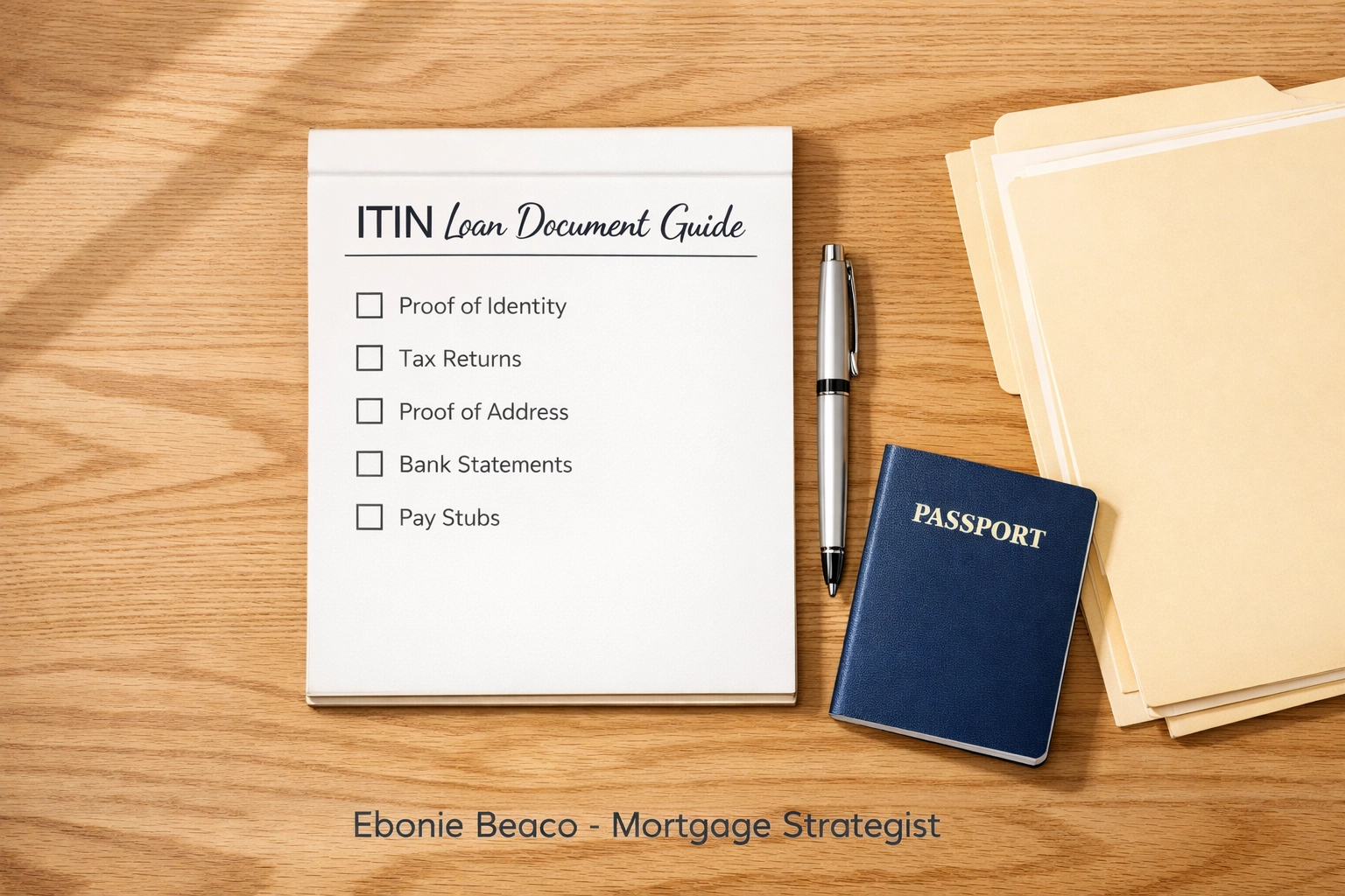 Checklist for ITIN loan documentation including tax returns and bank statements on a professional desk.