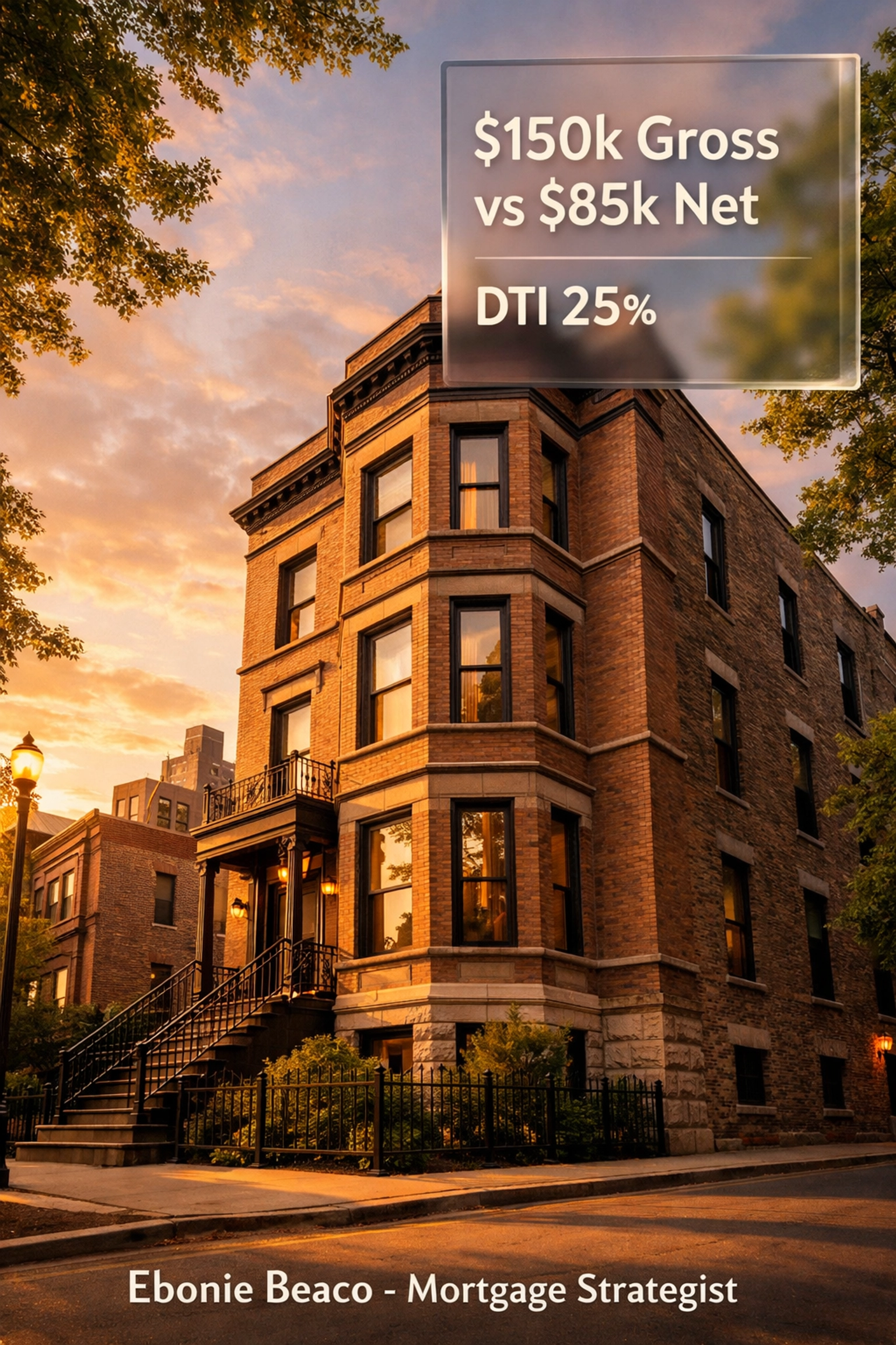 1099 mortgage loan scenario for a Chicago property comparing gross versus net income for qualification.