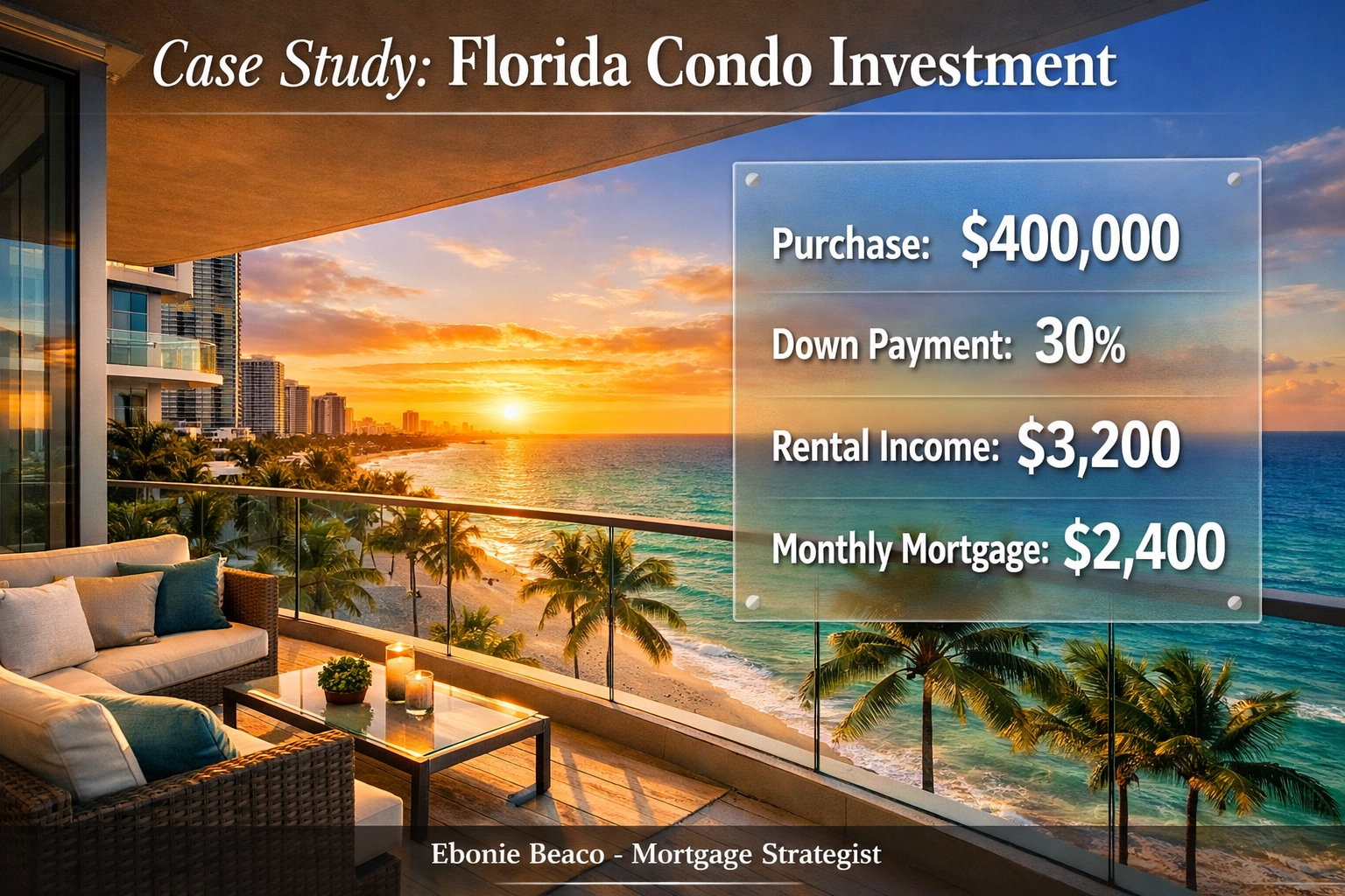 Financial breakdown of a Florida condo investment showing purchase price, rental income, and monthly mortgage.