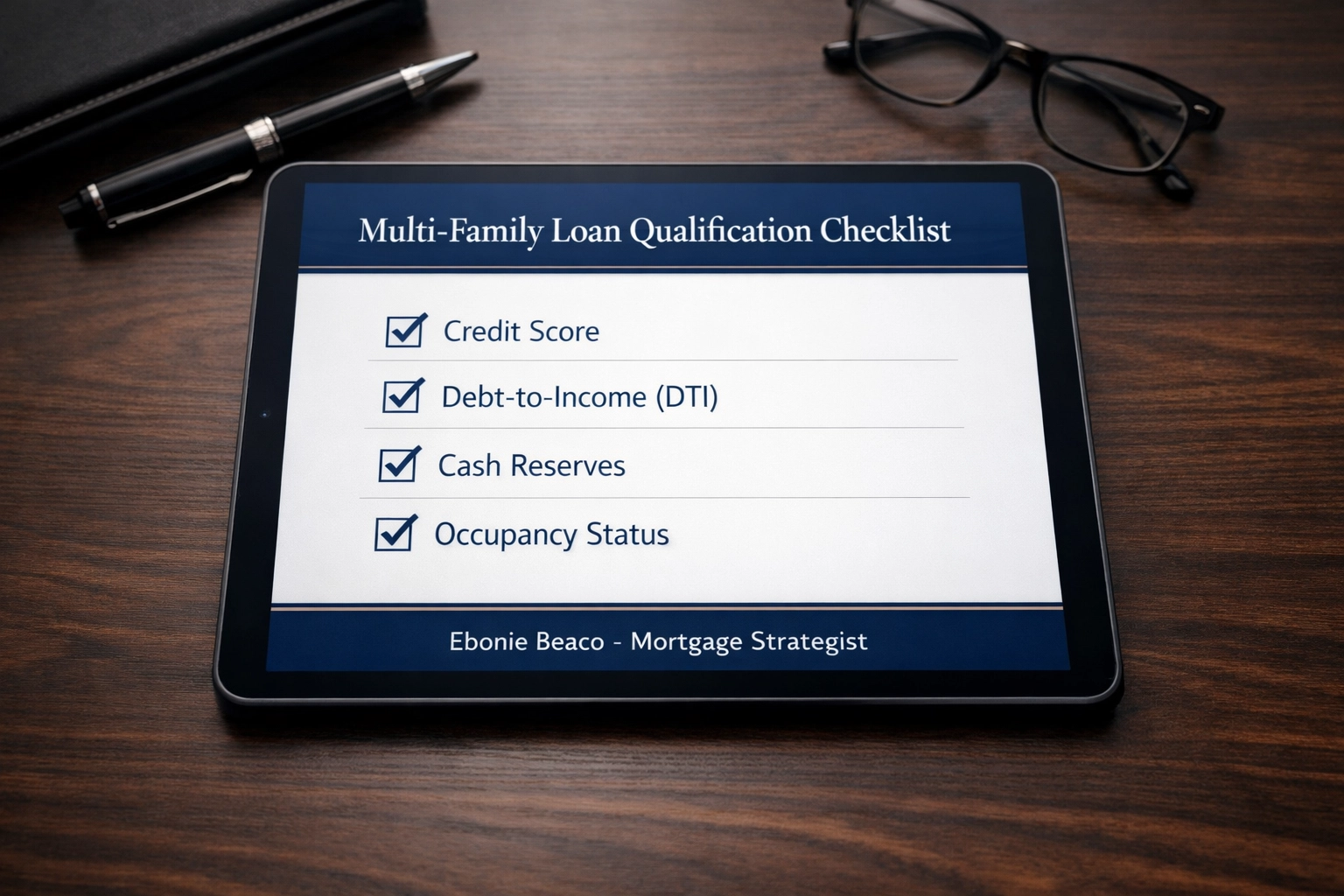 A checklist of multi-family loan requirements showing credit score, DTI, and cash reserves for 2-4 unit properties.