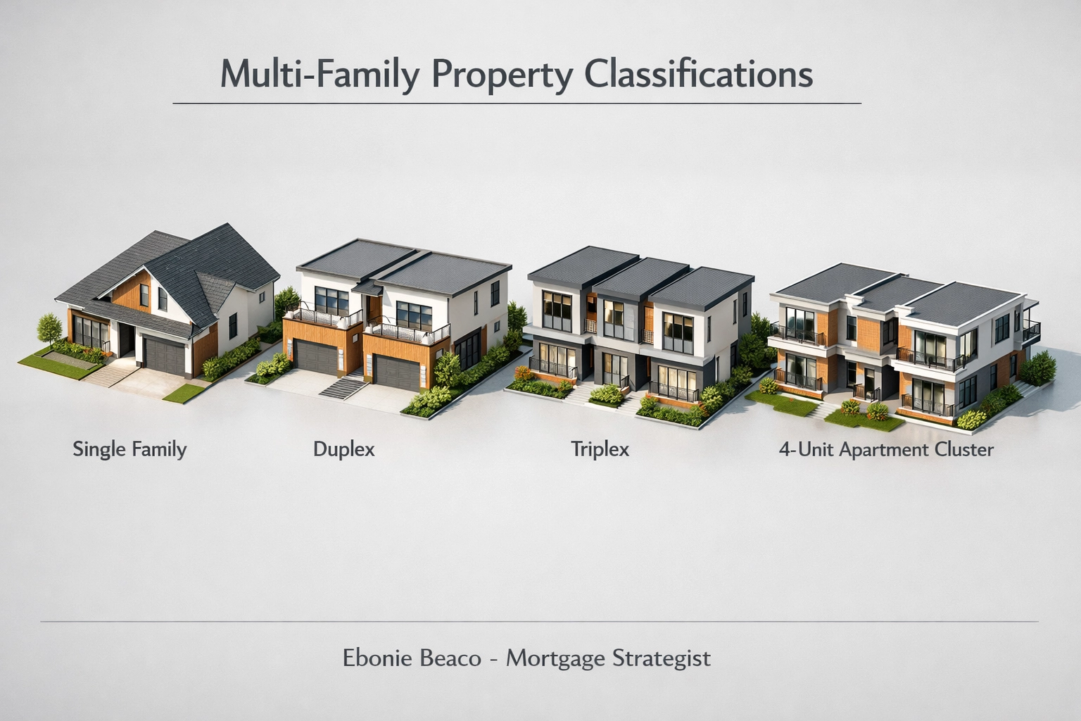 Comparison of residential multi-family property types including single-family, duplex, triplex, and fourplex buildings.