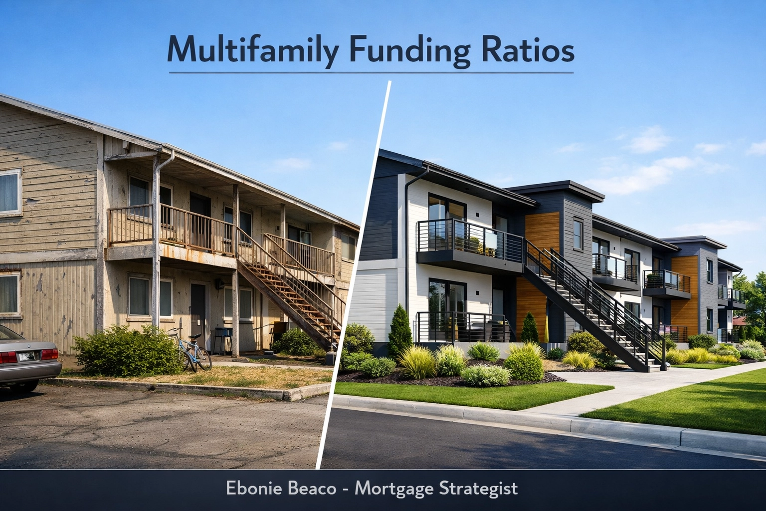 Multifamily building renovation showing LTV and LTC funding ratios for commercial apartment loans.