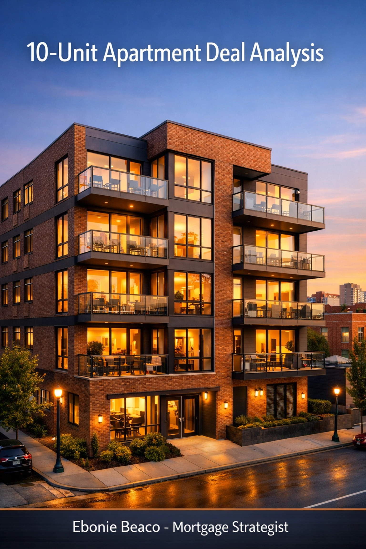 Modern 10-unit apartment building illustrating a DSCR calculation for a commercial loan deal analysis.