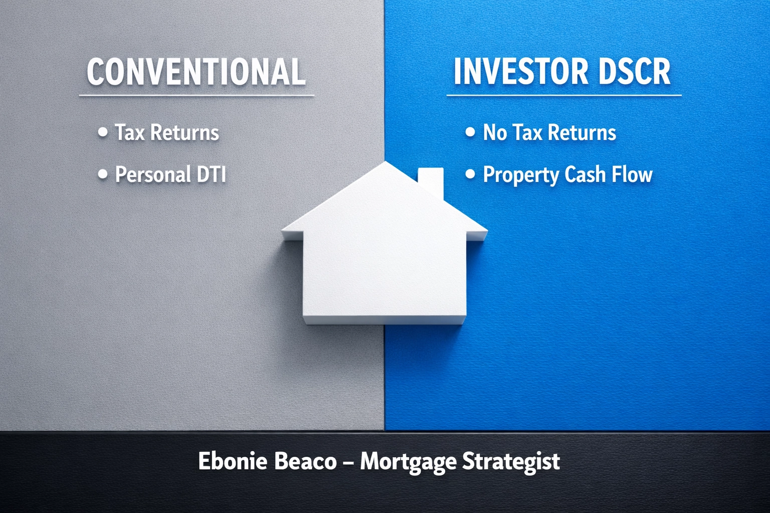 Comparison chart between conventional mortgages and no income verification DSCR investor loans.