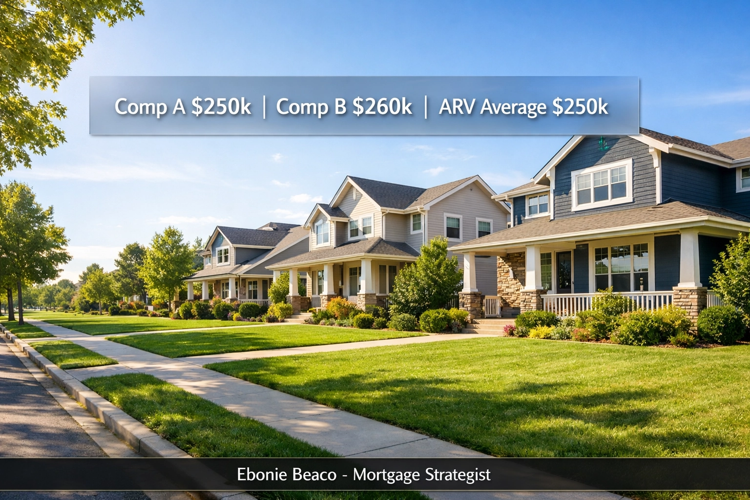 Suburban homes showing ARV calculation and comparable property sales for wholesale real estate.