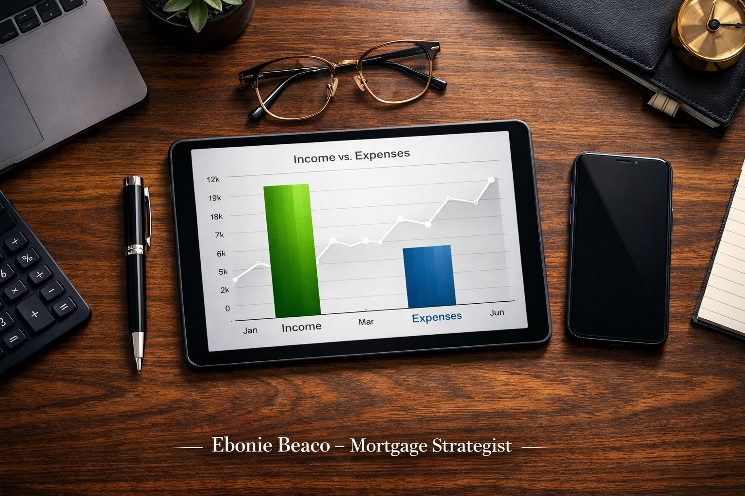 A tablet showing a bar chart of rental income versus mortgage expenses for a DSCR investment analysis.