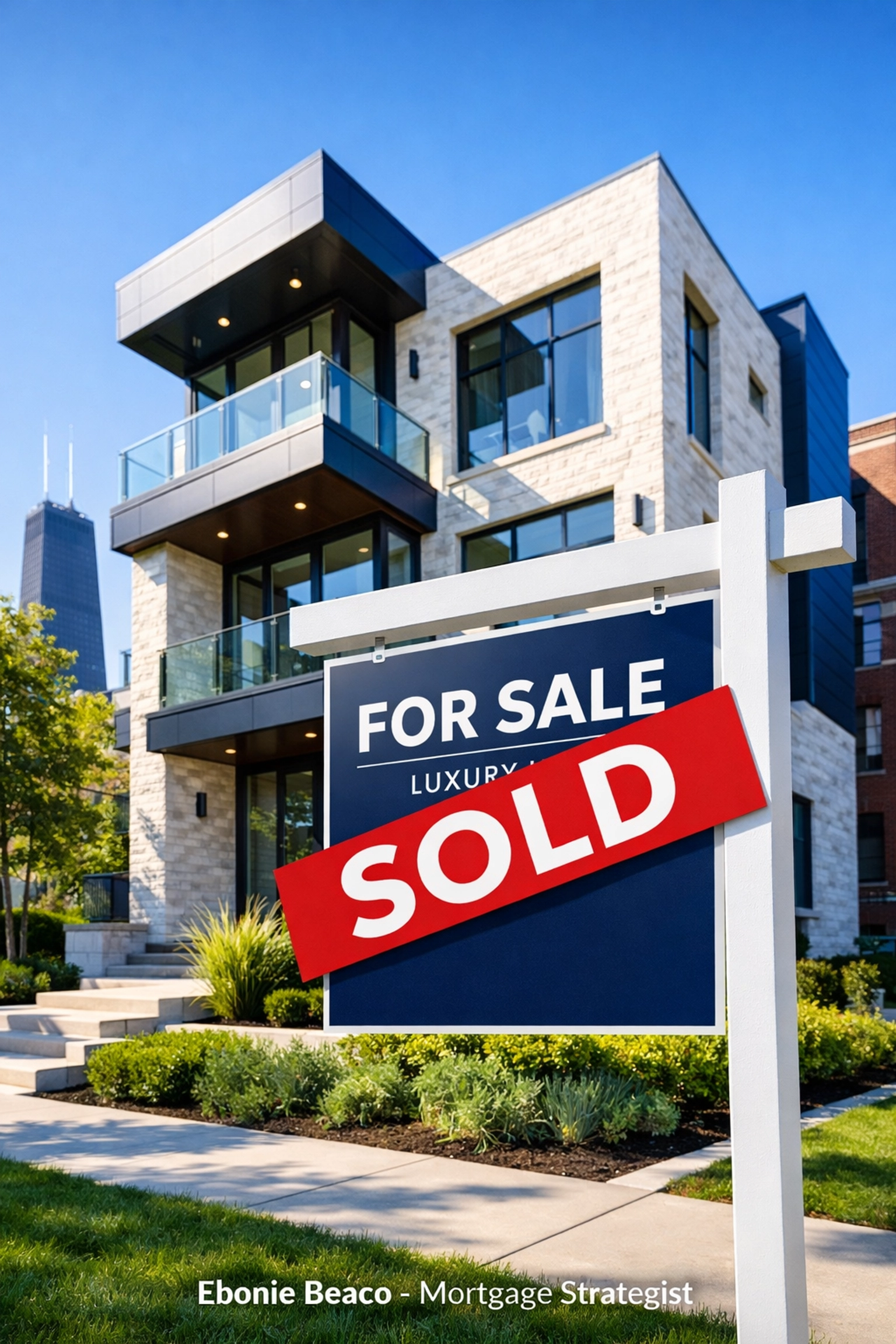 A modern Chicago home with a sold sign, illustrating record-high real estate market prices for investors.